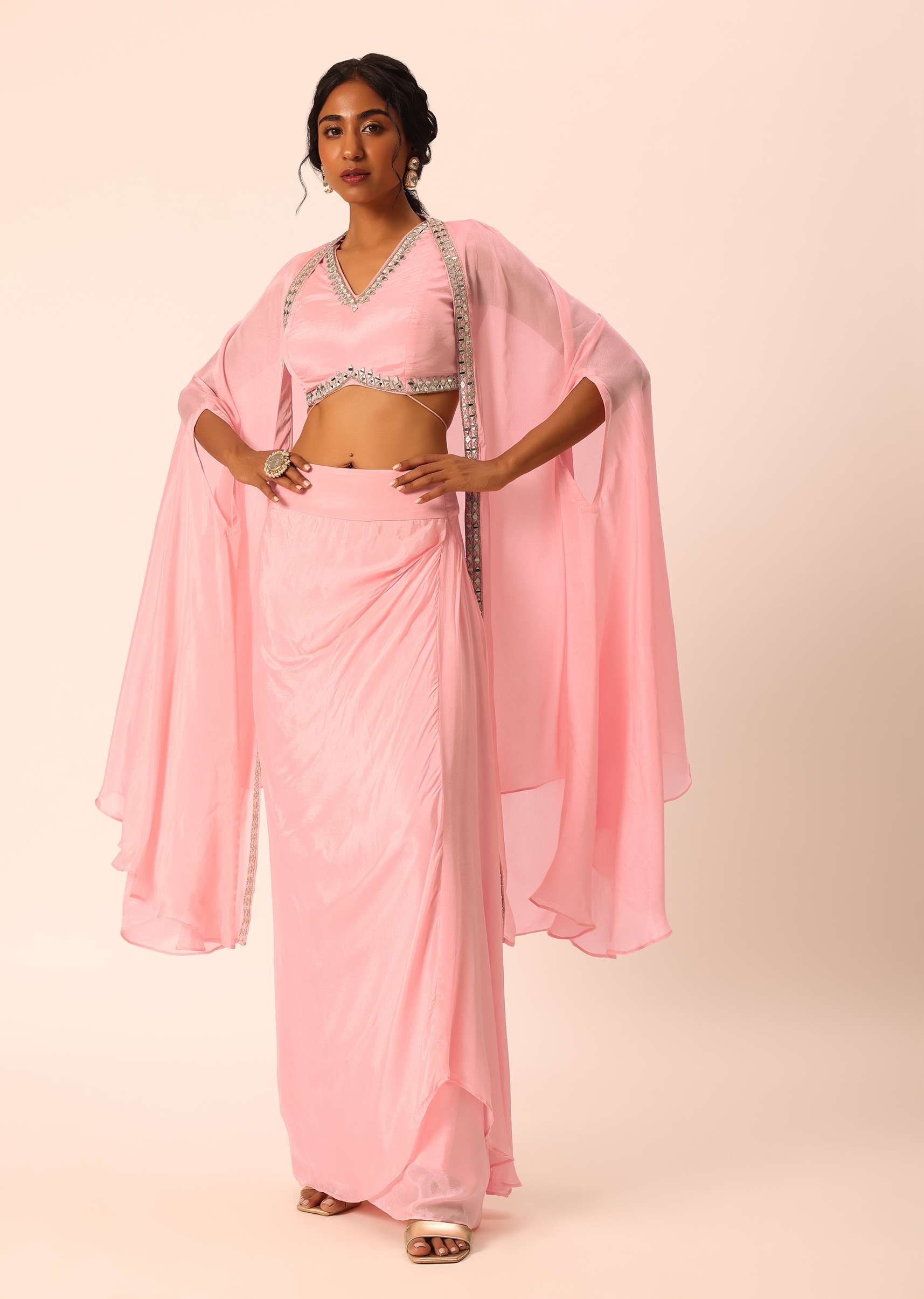 Pink Jacket And Dhoti Set With Mirror Work - Image 7
