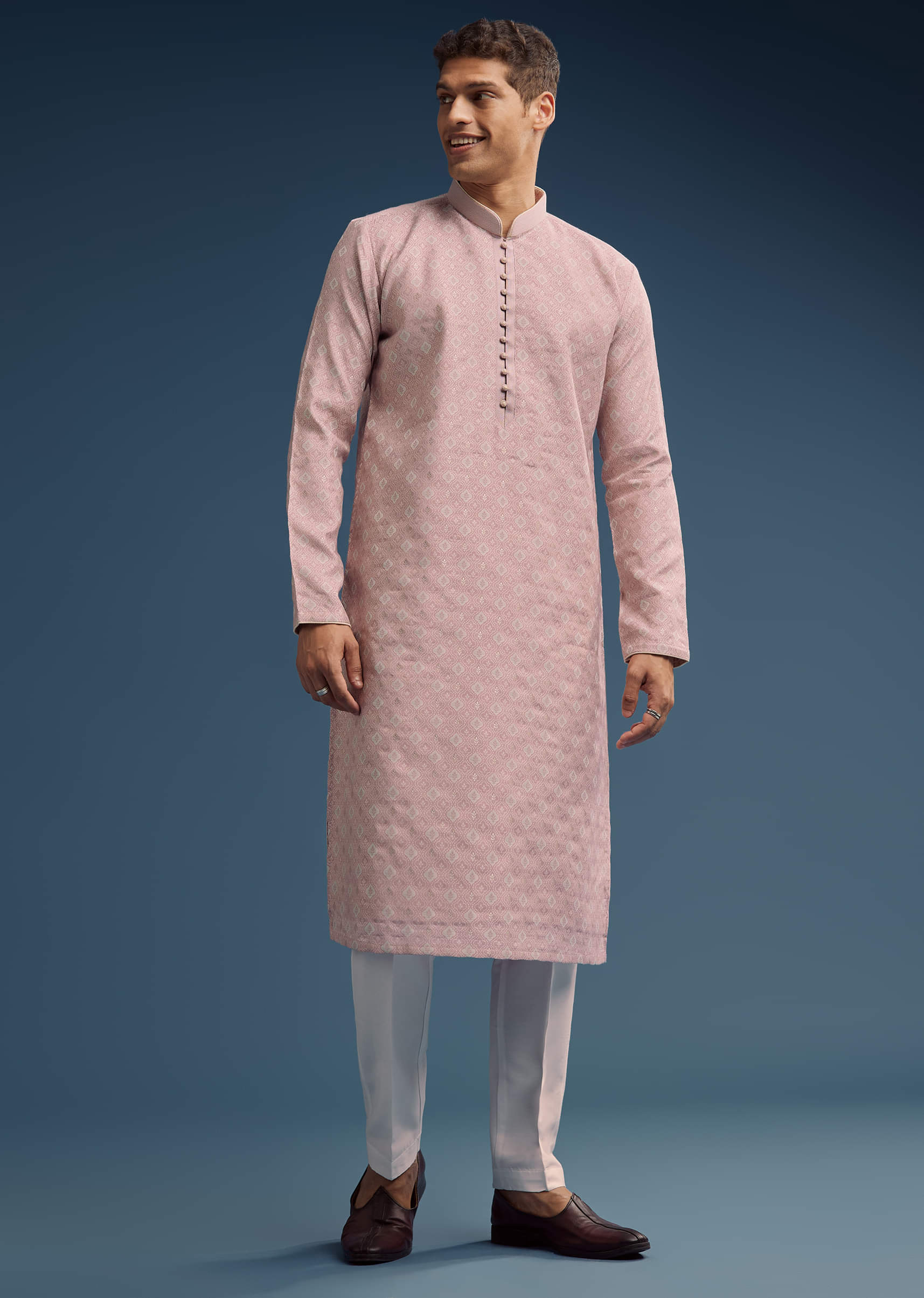 Pink Jacquard Kurta Set For Men - Image 2
