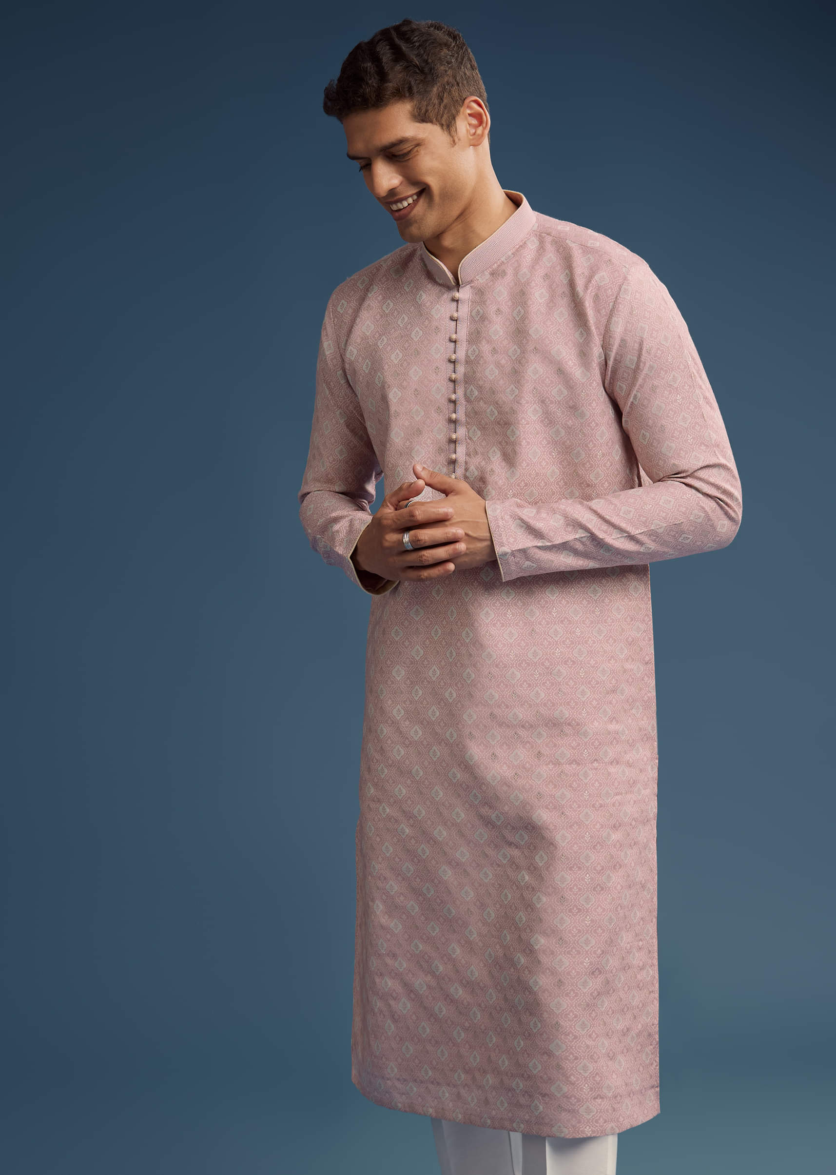 Pink Jacquard Kurta Set For Men - Image 3