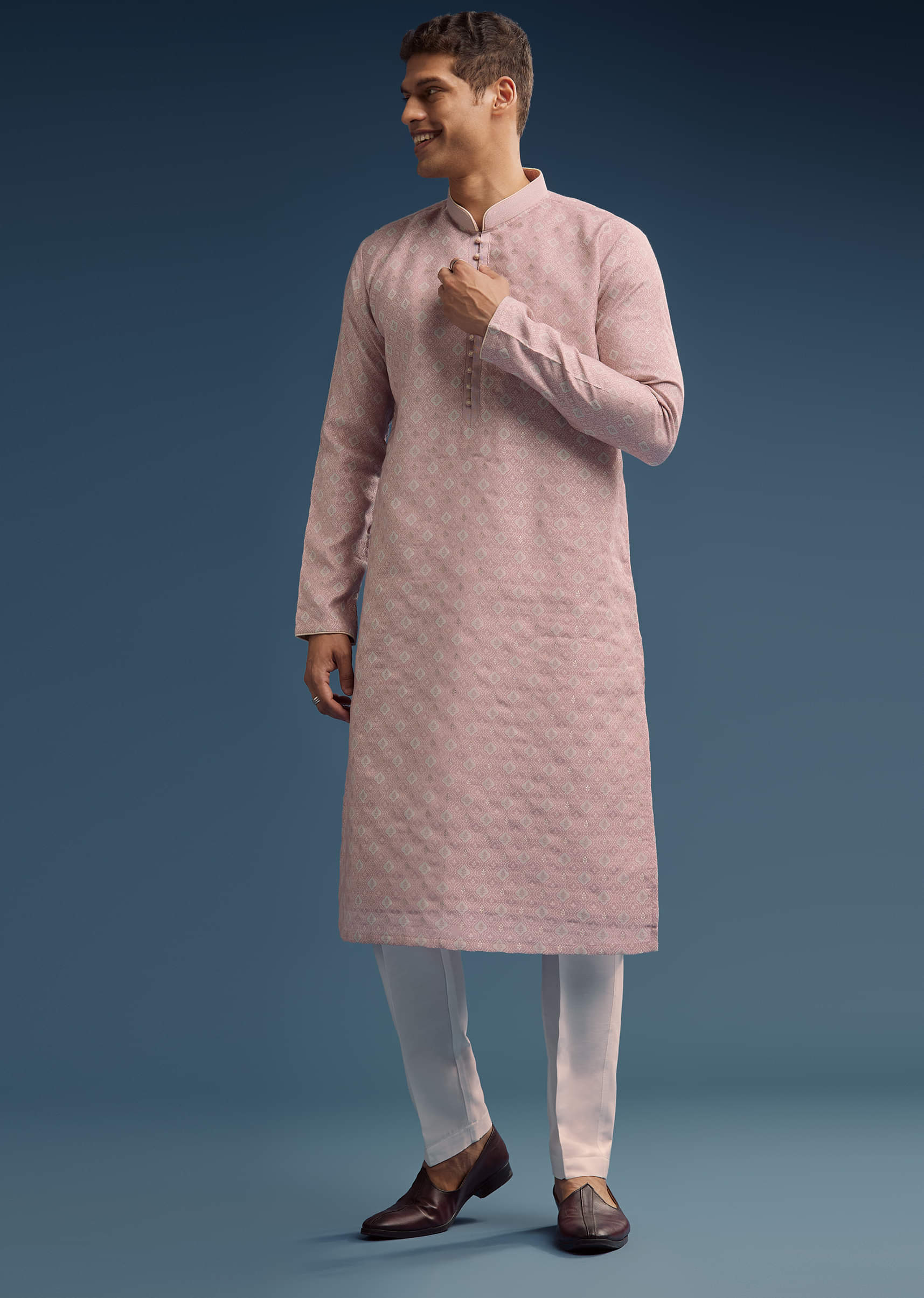 Pink Jacquard Kurta Set For Men - Image 4