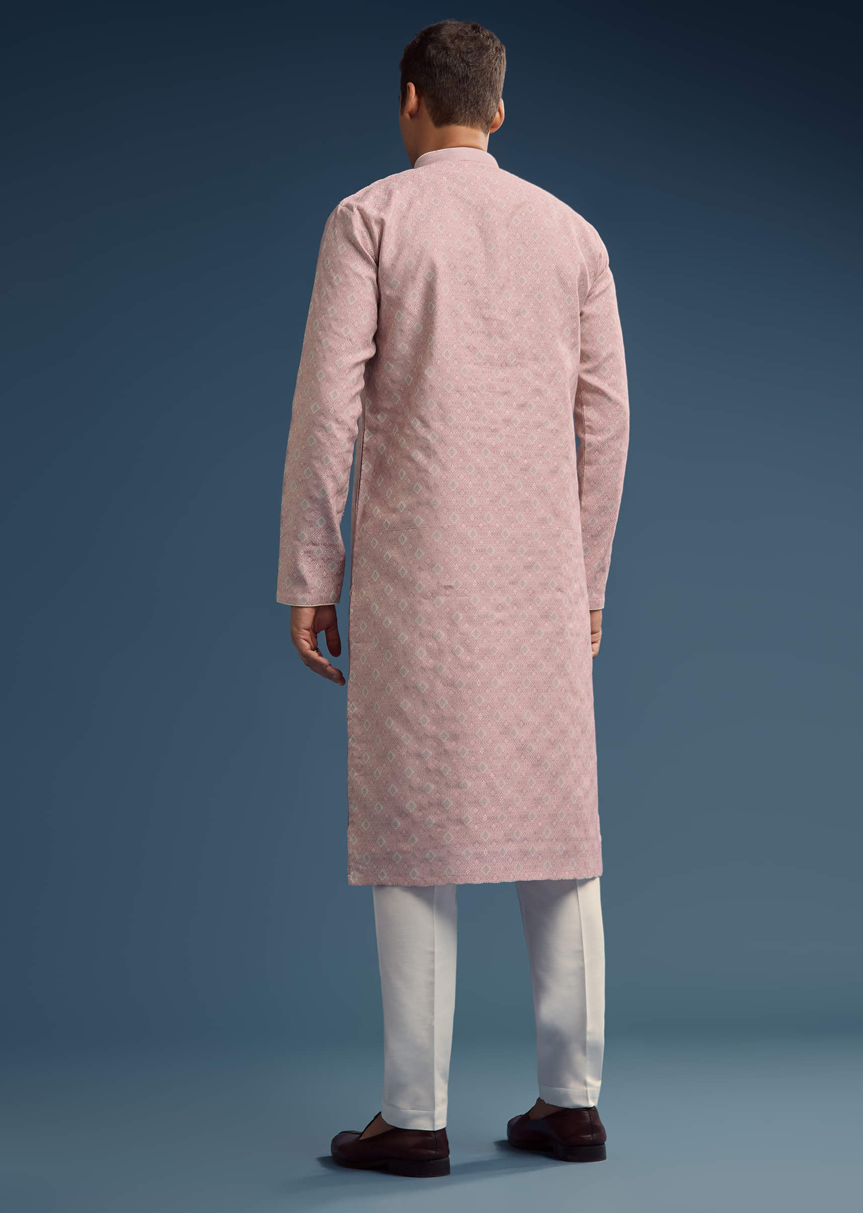 Pink Jacquard Kurta Set For Men - Image 5