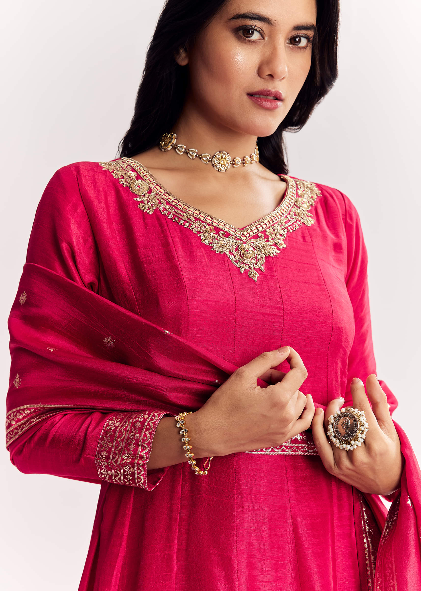 Pink Jacquard Silk Anarkali Suit With Dupatta - Image 4
