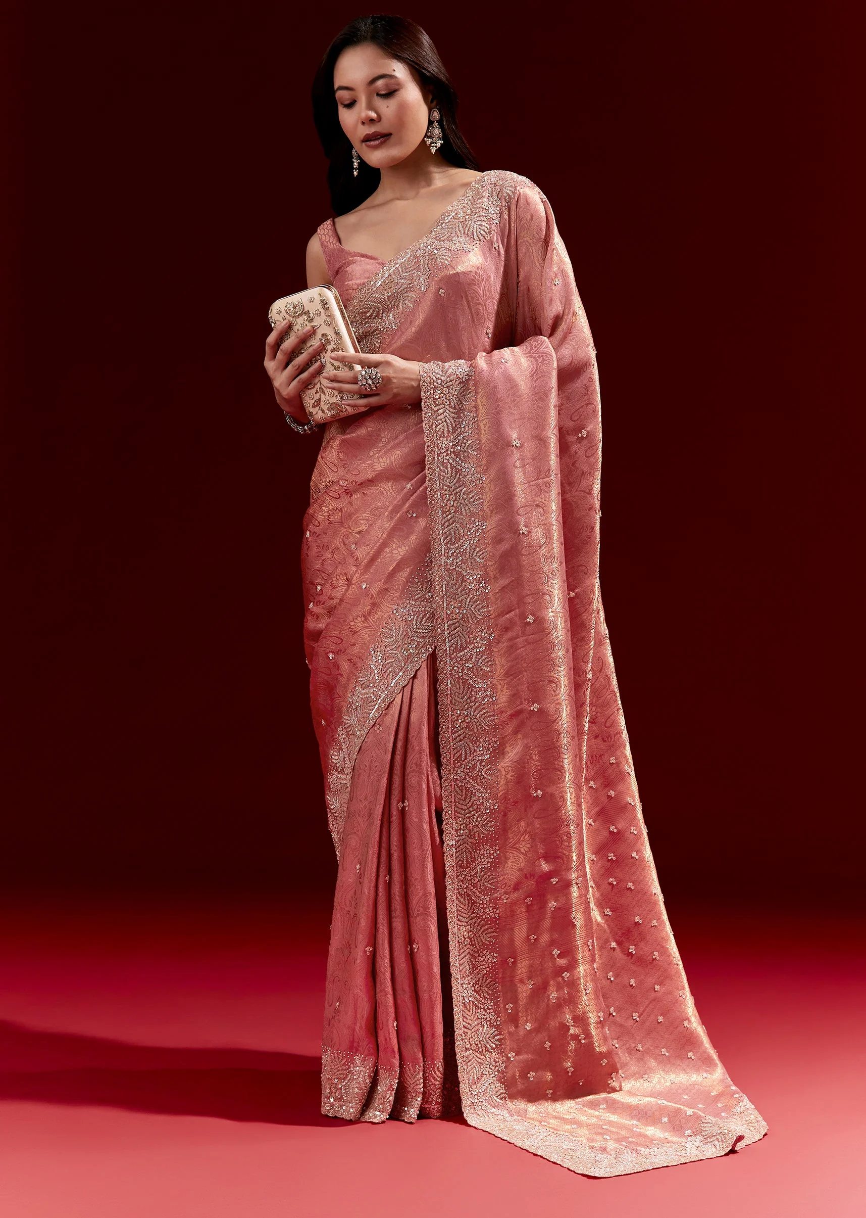 Pink Jacquard Soft Silk Saree With Heavy Embroidered Border And Butti - Image 3