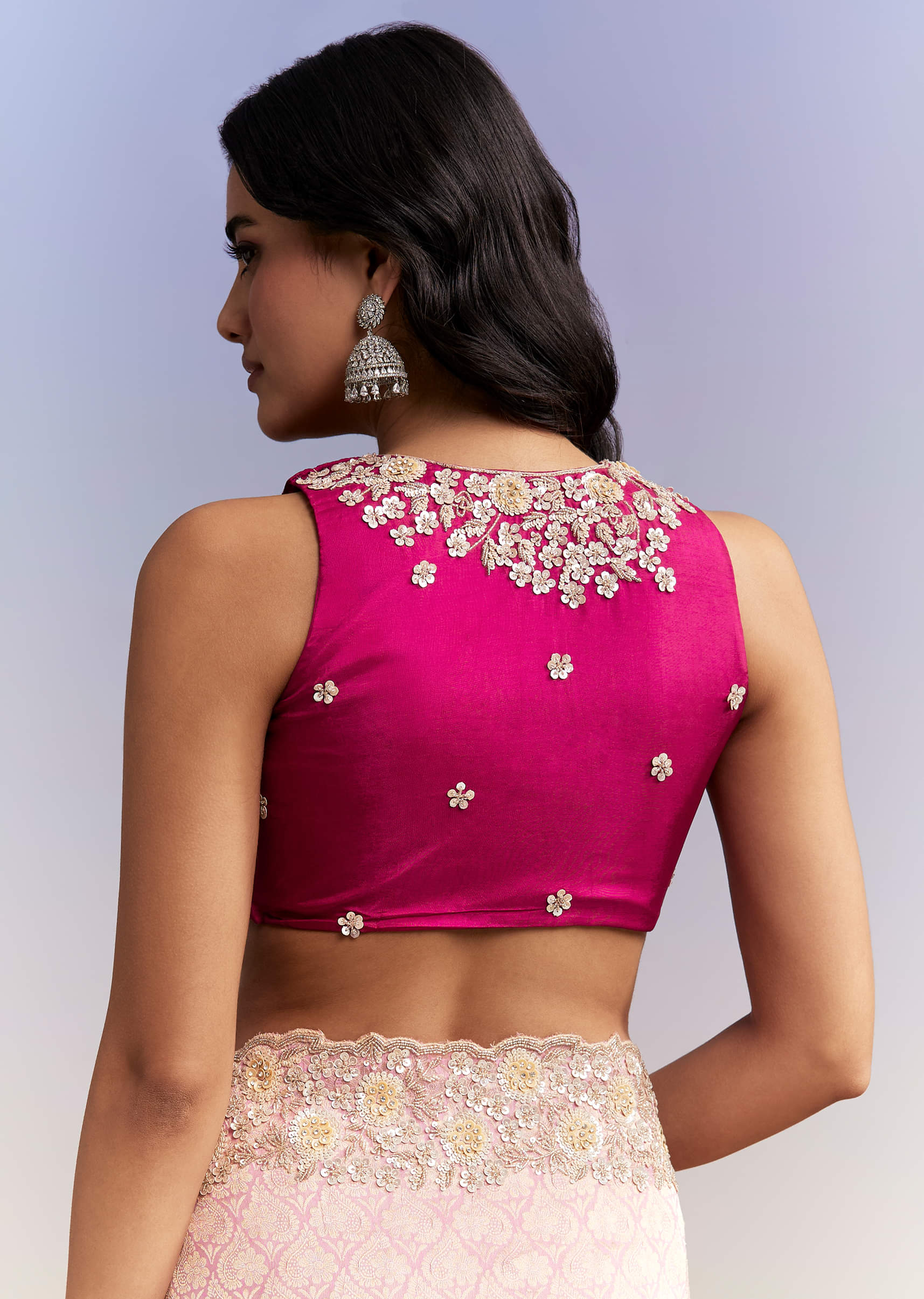 Pink Jacquard Tissue Saree With Heavy Hand Embroidery - Image 8