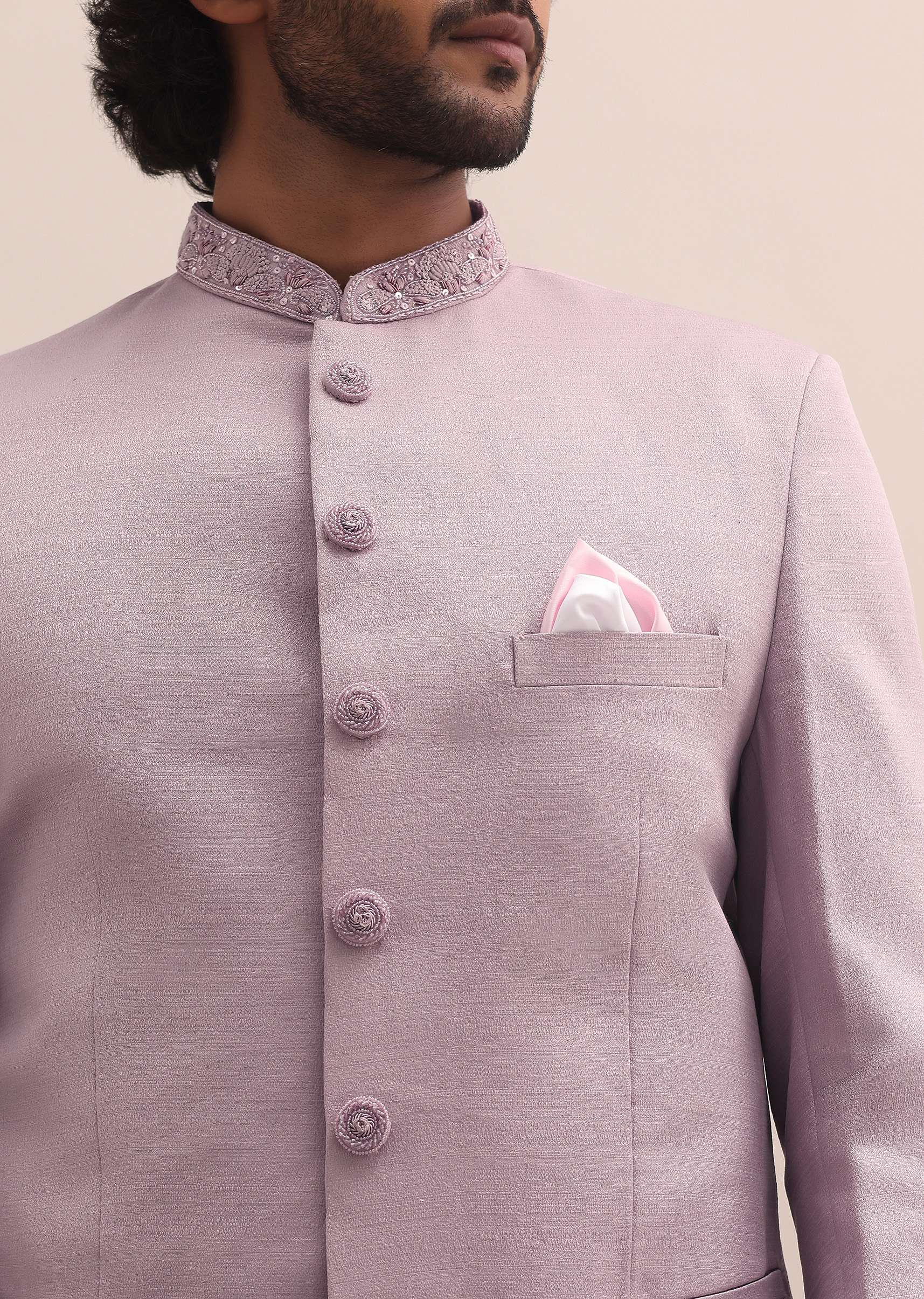 Pink Jodhpuri Suit With Embroidered Collar For Men - Image 2