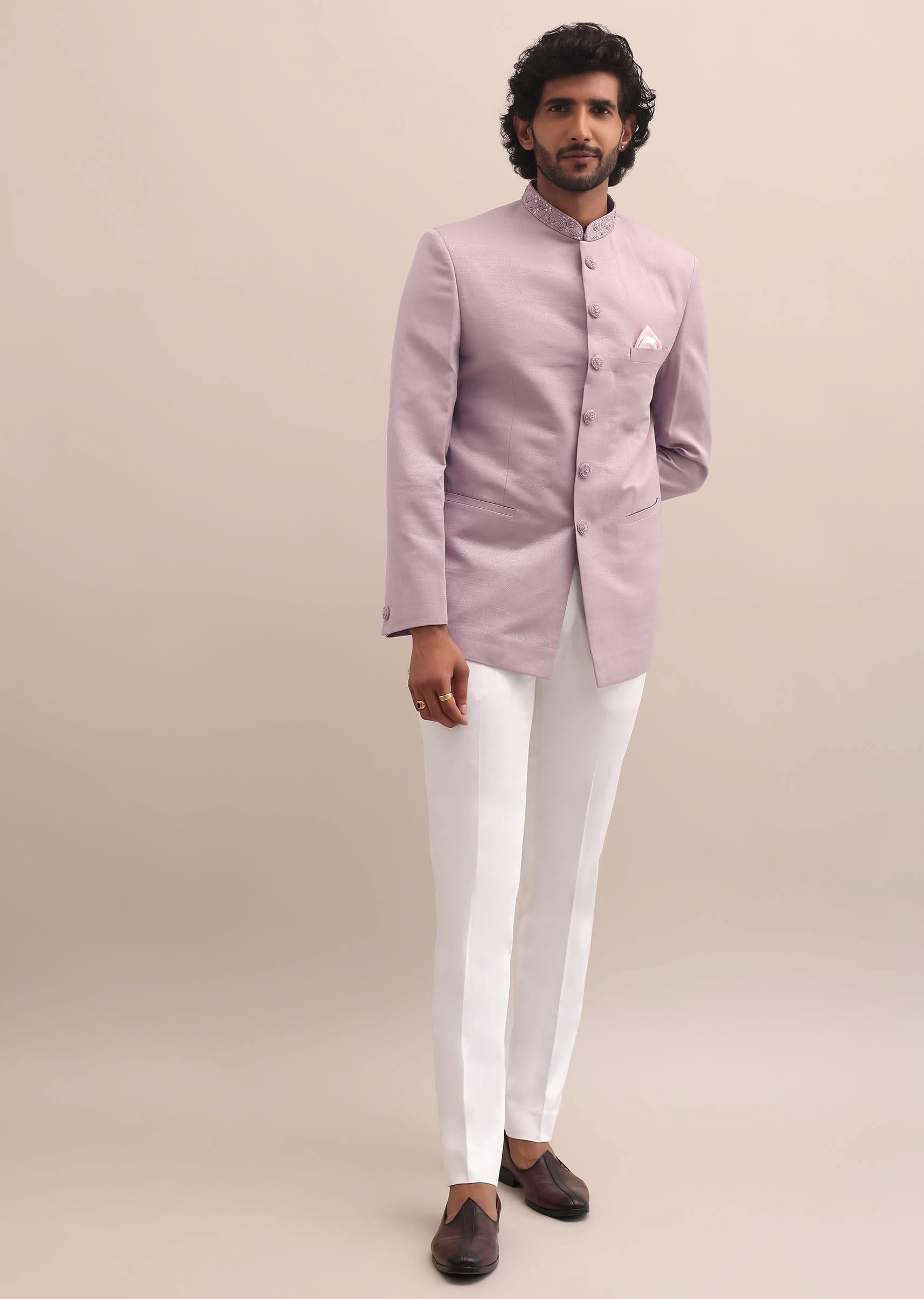 Pink Jodhpuri Suit With Embroidered Collar For Men - Image 3