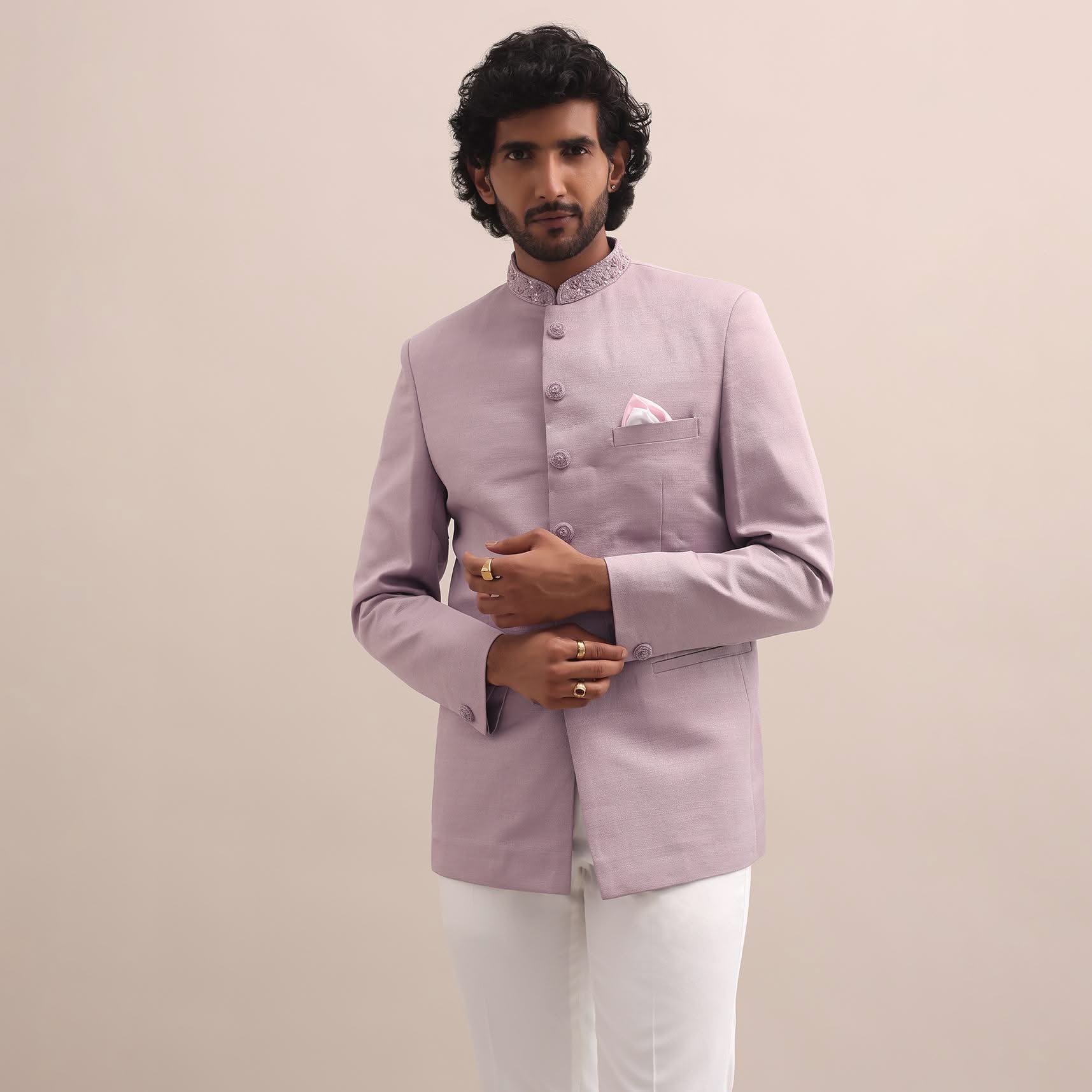 Pink Jodhpuri Suit With Embroidered Collar For Men - Image 4