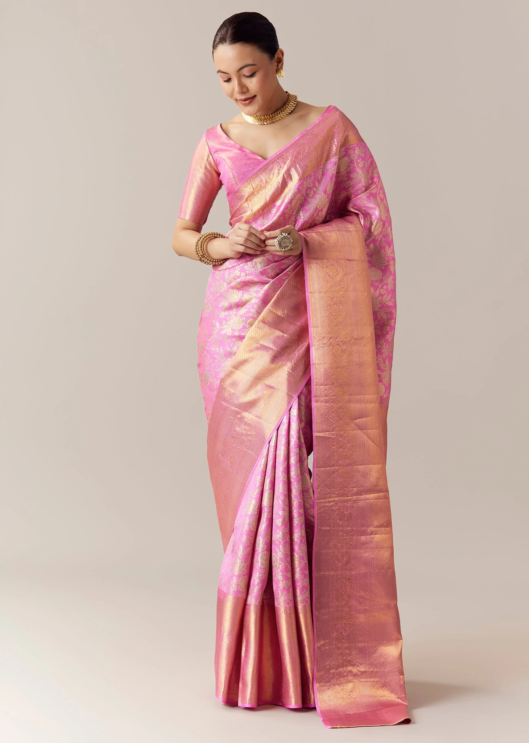 Pink Kanjivaram Saree with Unstitched Blouse
