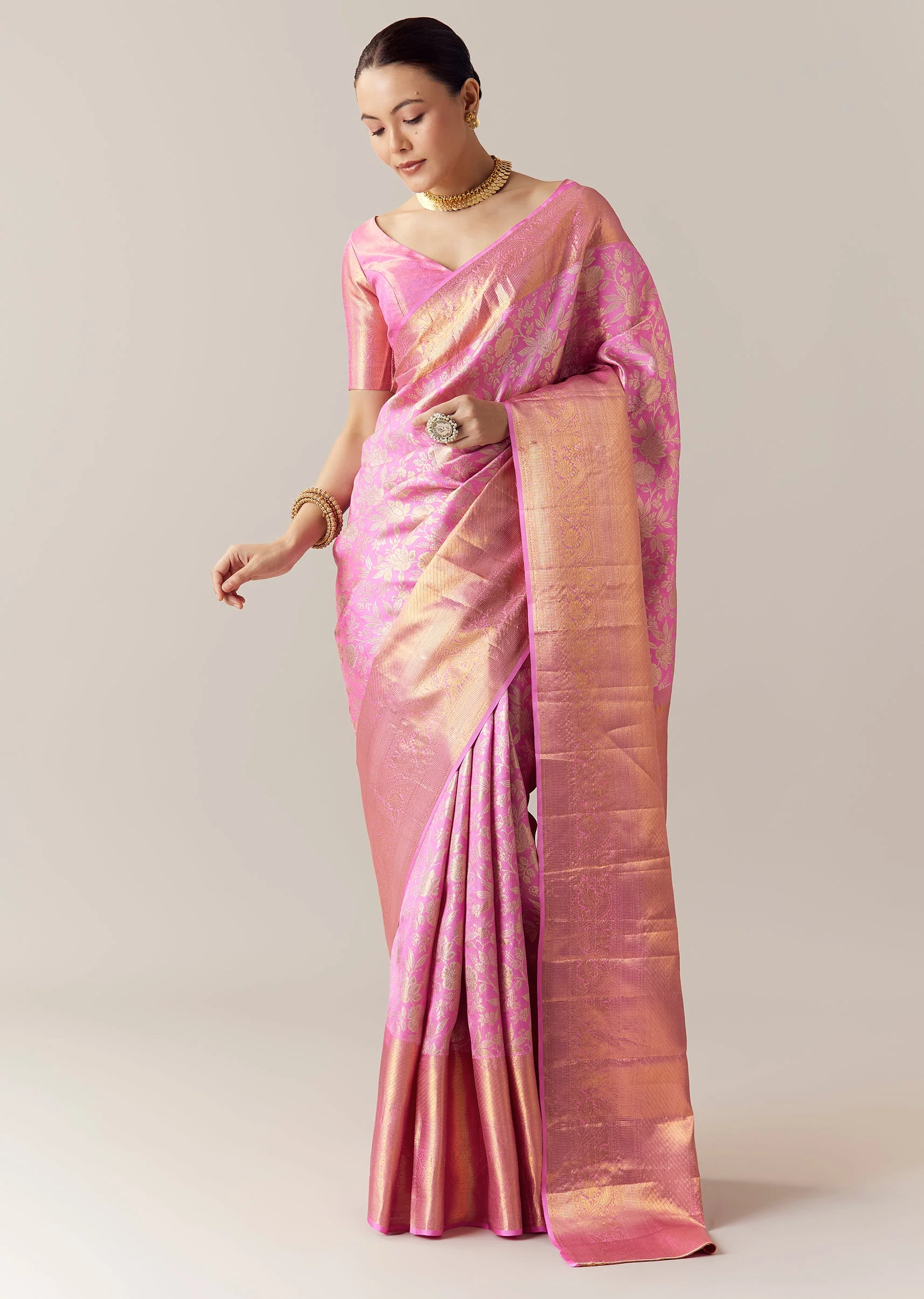 Pink Kanjivaram Saree with Unstitched Blouse - Image 3