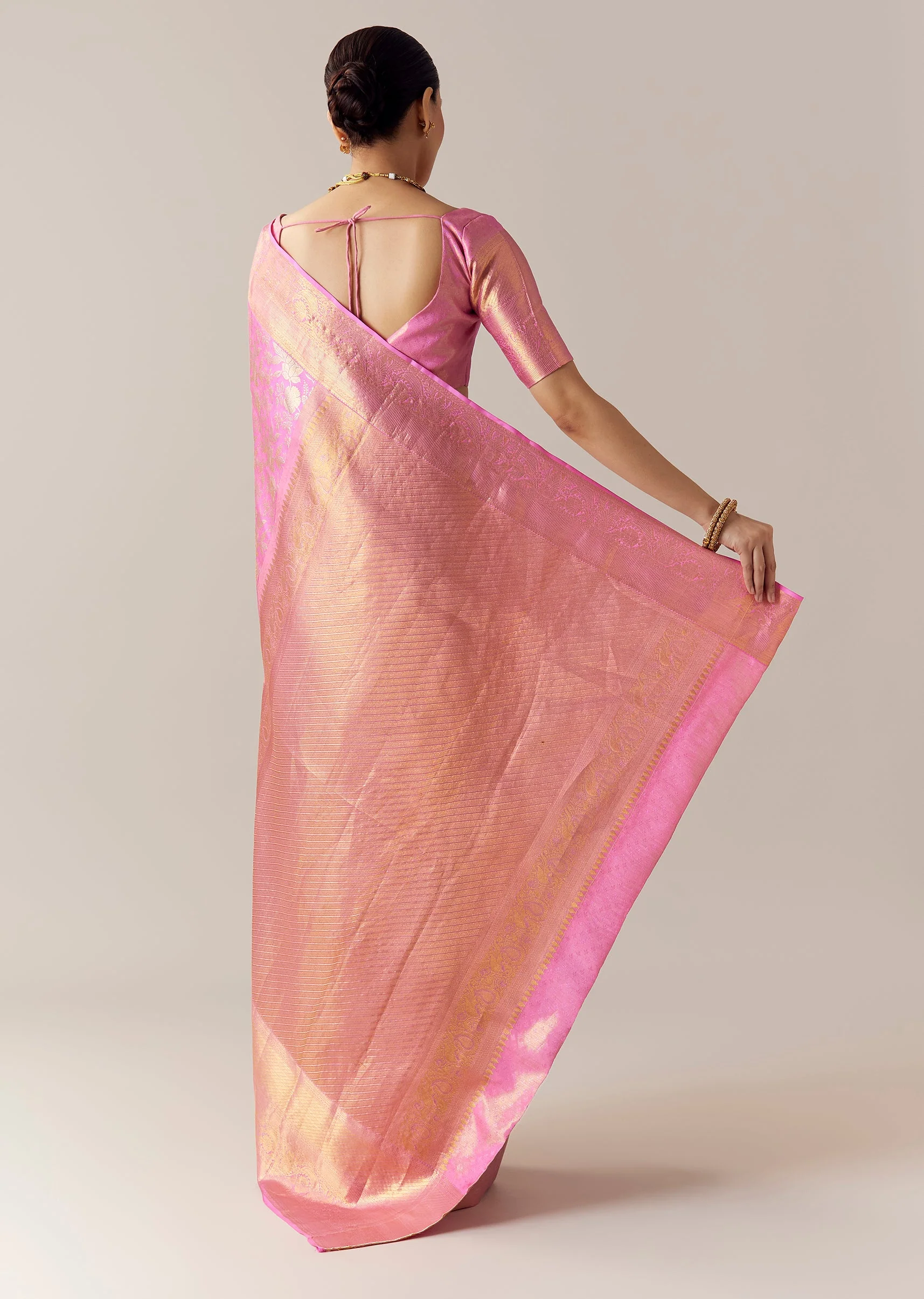 Pink Kanjivaram Saree with Unstitched Blouse - Image 4