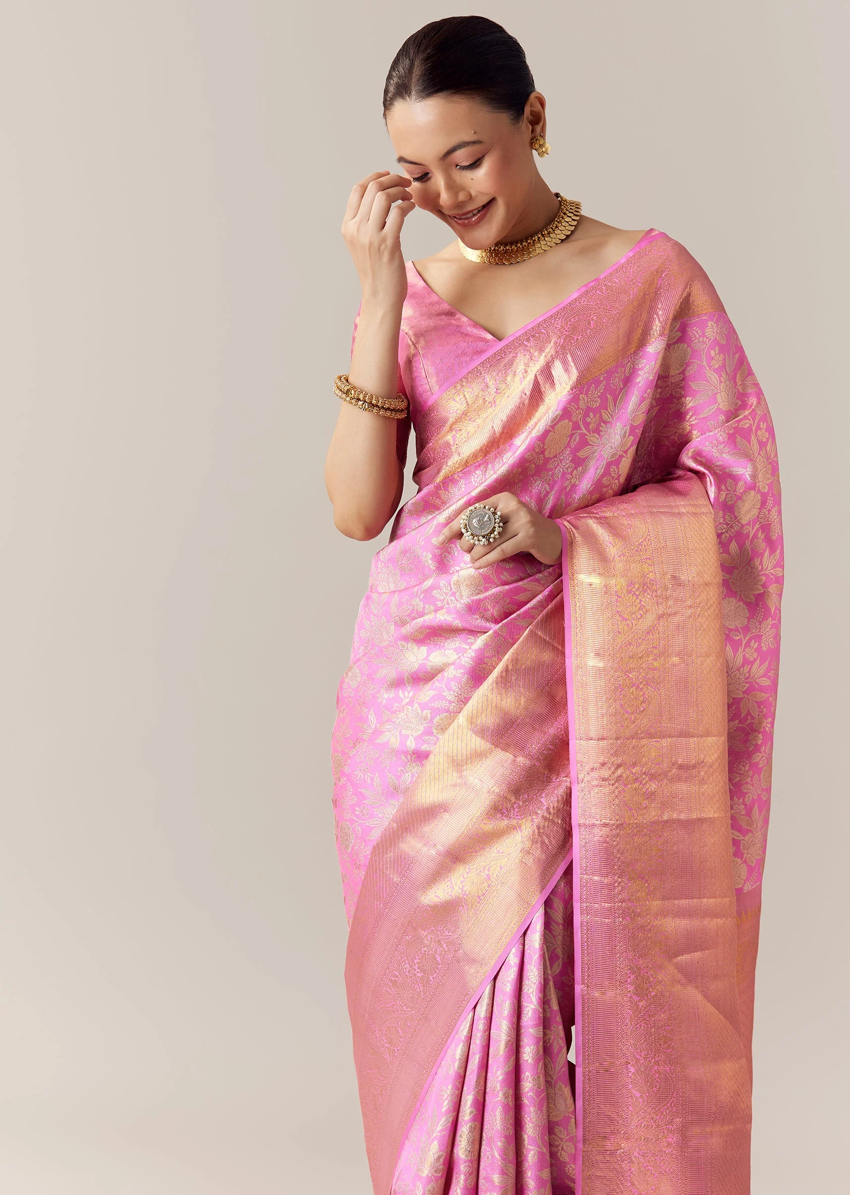 Pink Kanjivaram Saree with Unstitched Blouse - Image 5