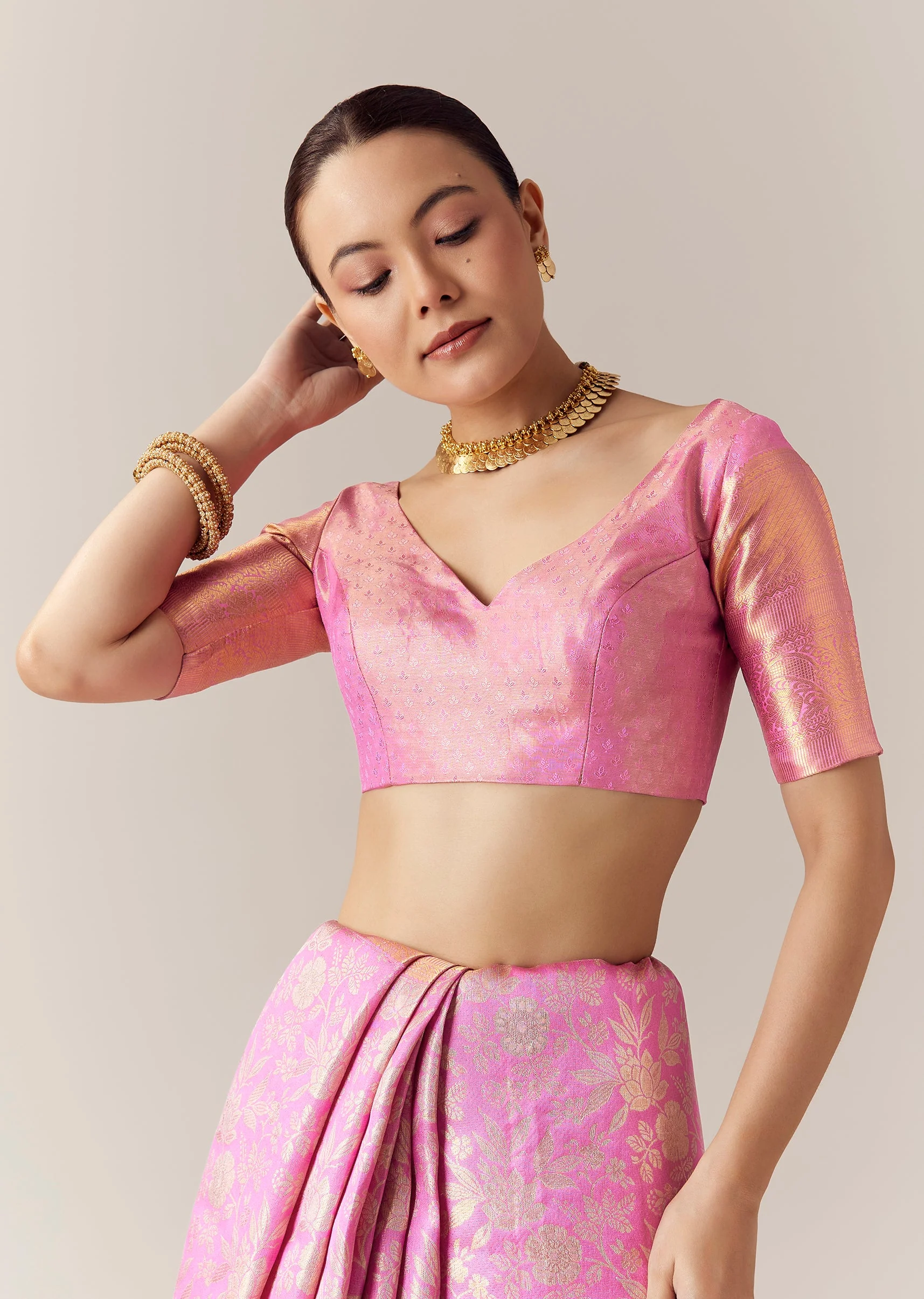 Pink Kanjivaram Saree with Unstitched Blouse - Image 7