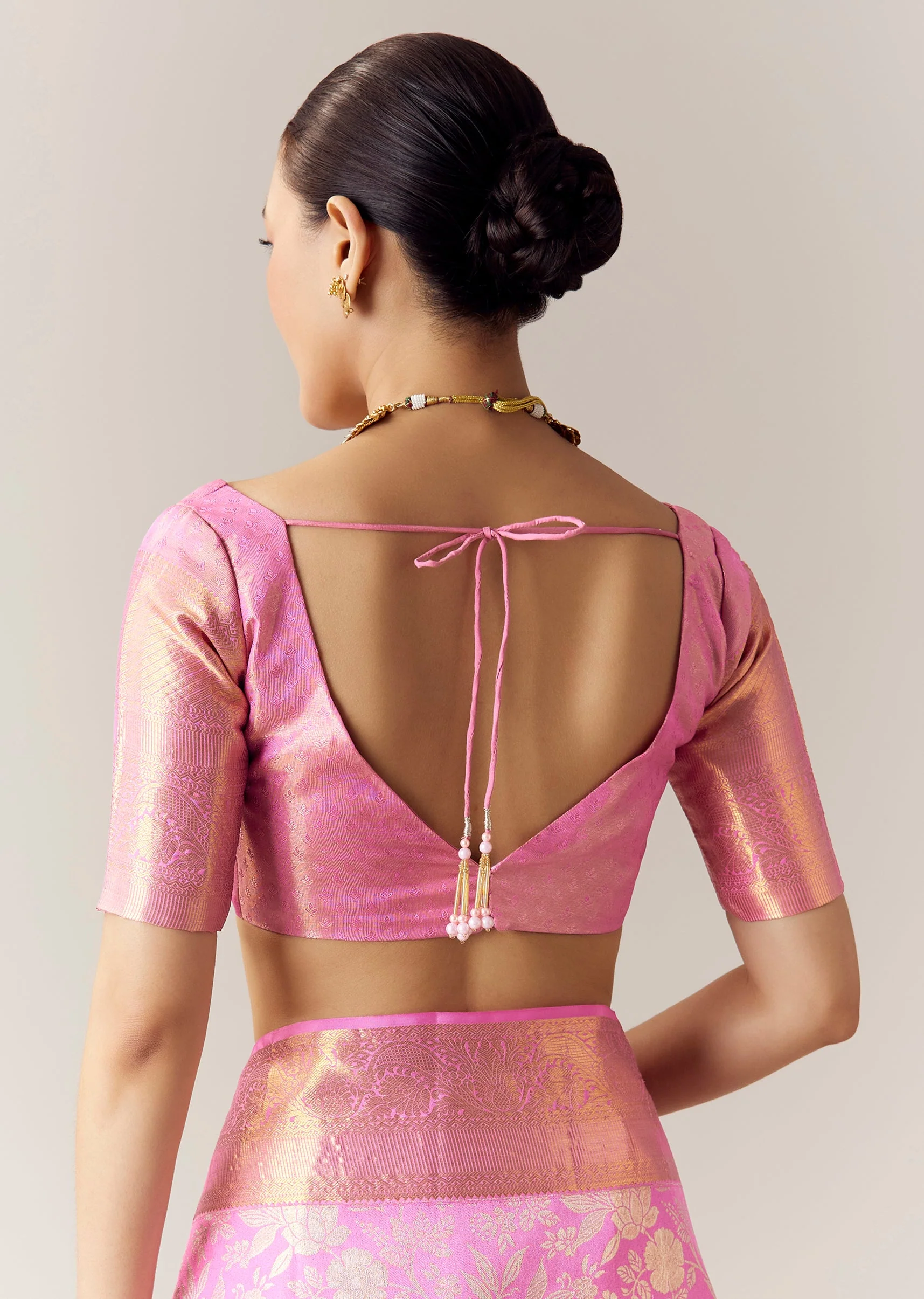Pink Kanjivaram Saree with Unstitched Blouse - Image 8