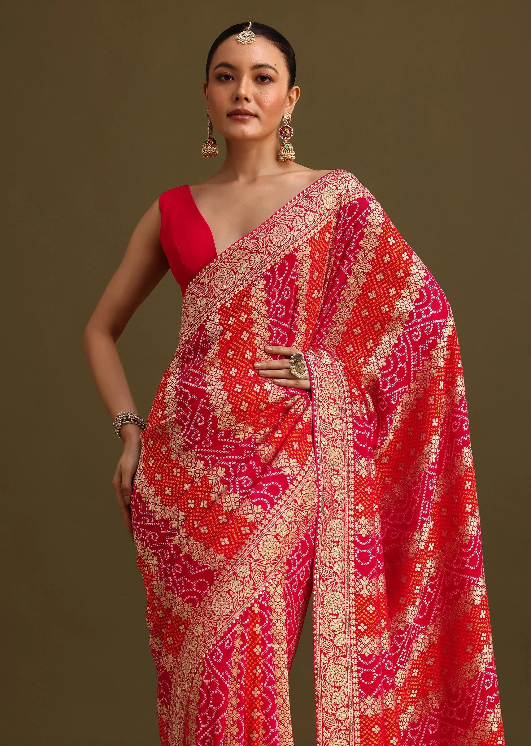 Pink Khaddi Georgette Saree With Gotta Patti Border And Unstitched Blouse - Image 2