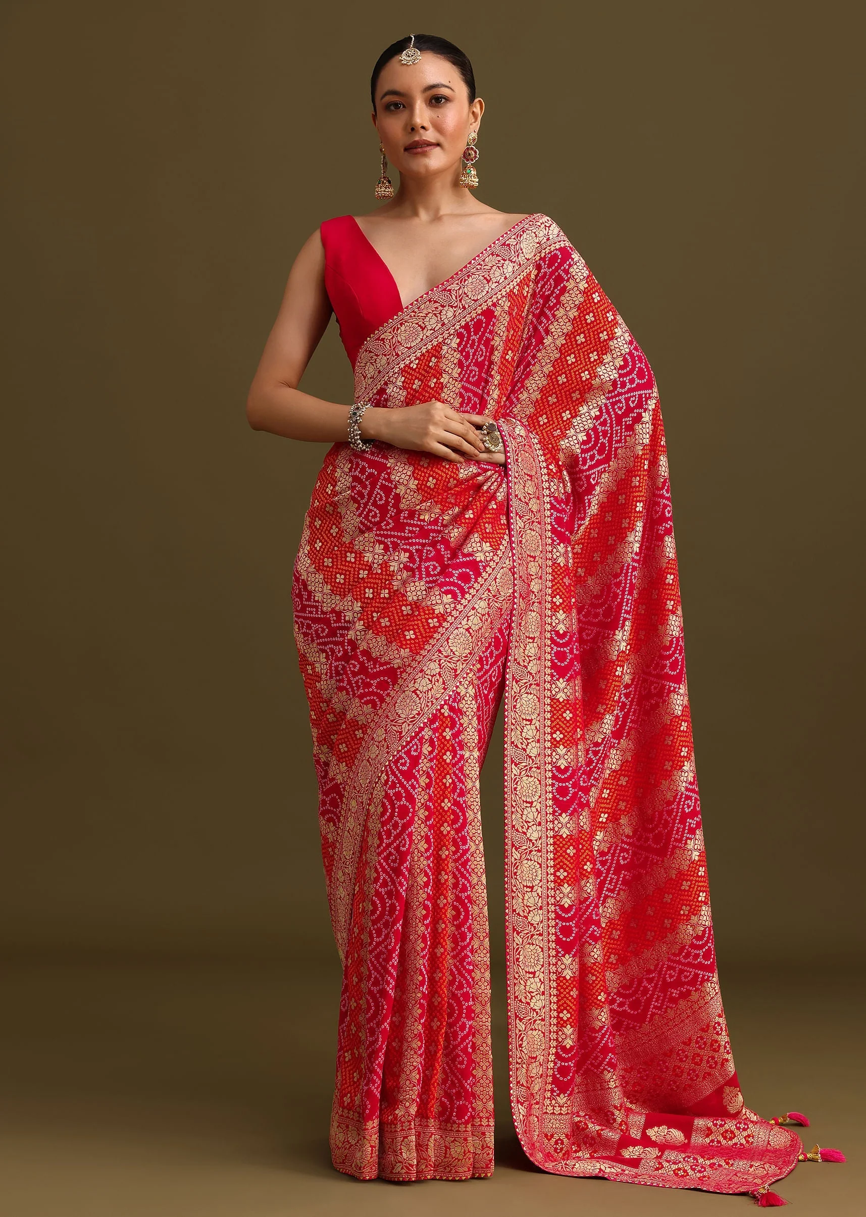 Pink Khaddi Georgette Saree With Gotta Patti Border And Unstitched Blouse - Image 3