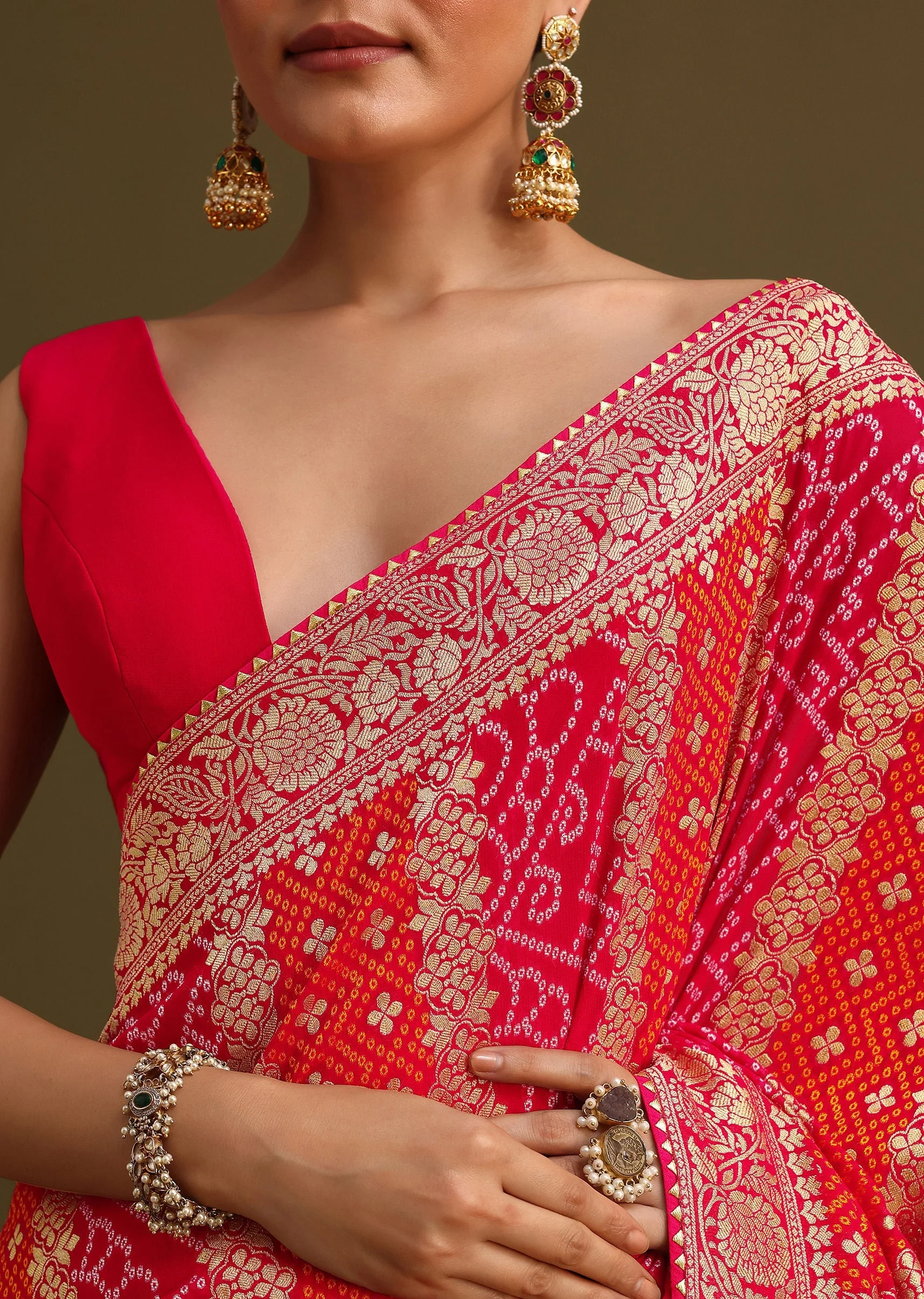 Pink Khaddi Georgette Saree With Gotta Patti Border And Unstitched Blouse - Image 5