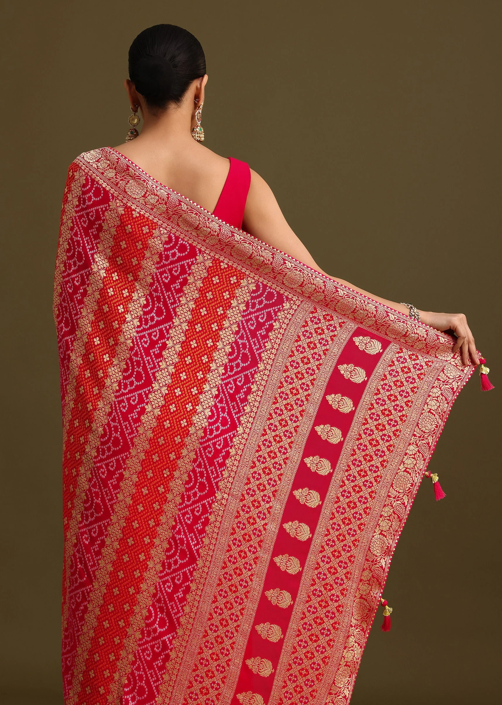 Pink Khaddi Georgette Saree With Gotta Patti Border And Unstitched Blouse - Image 6