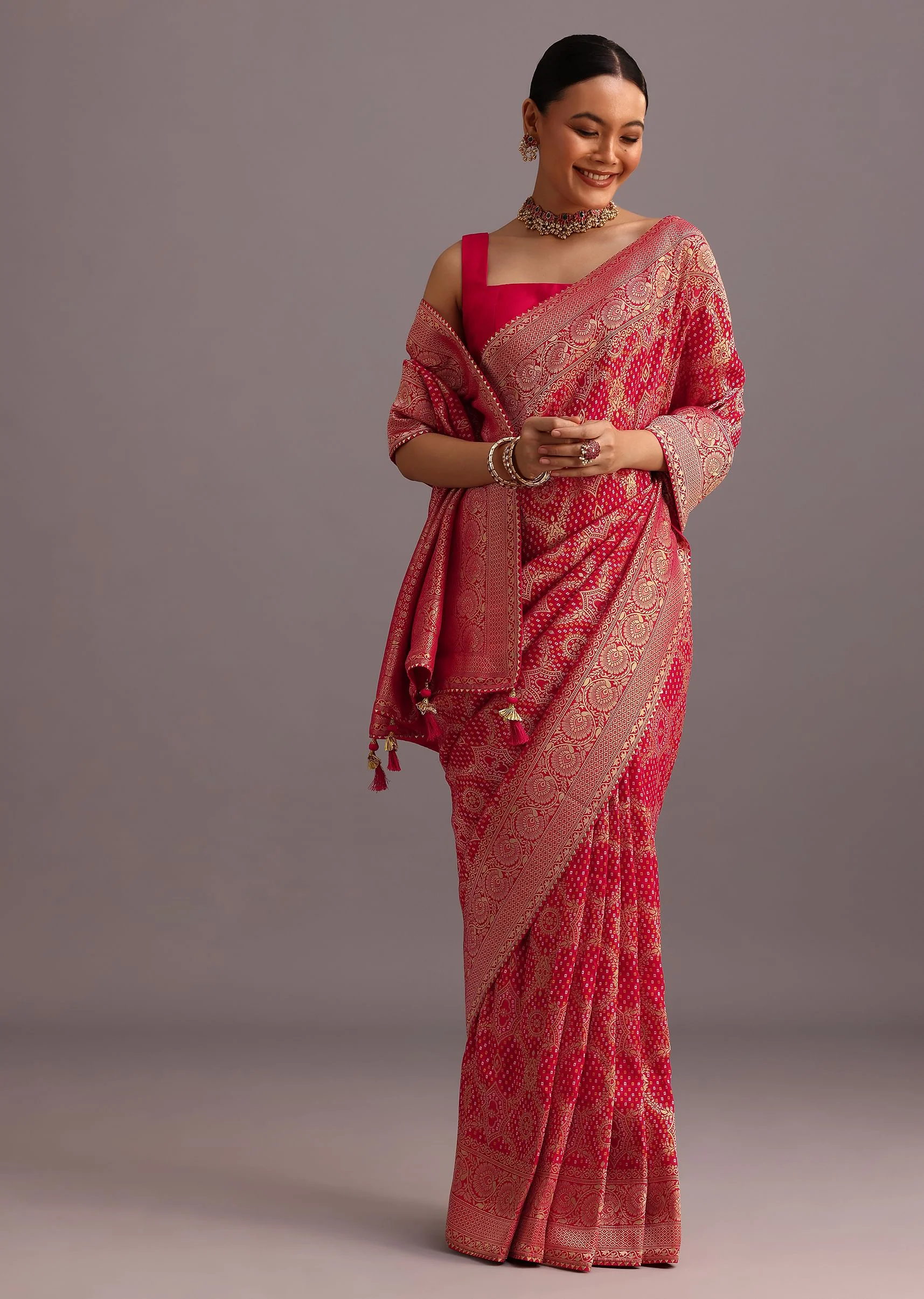 Pink Khaddi Georgette Woven Saree With Gotta Patti Border