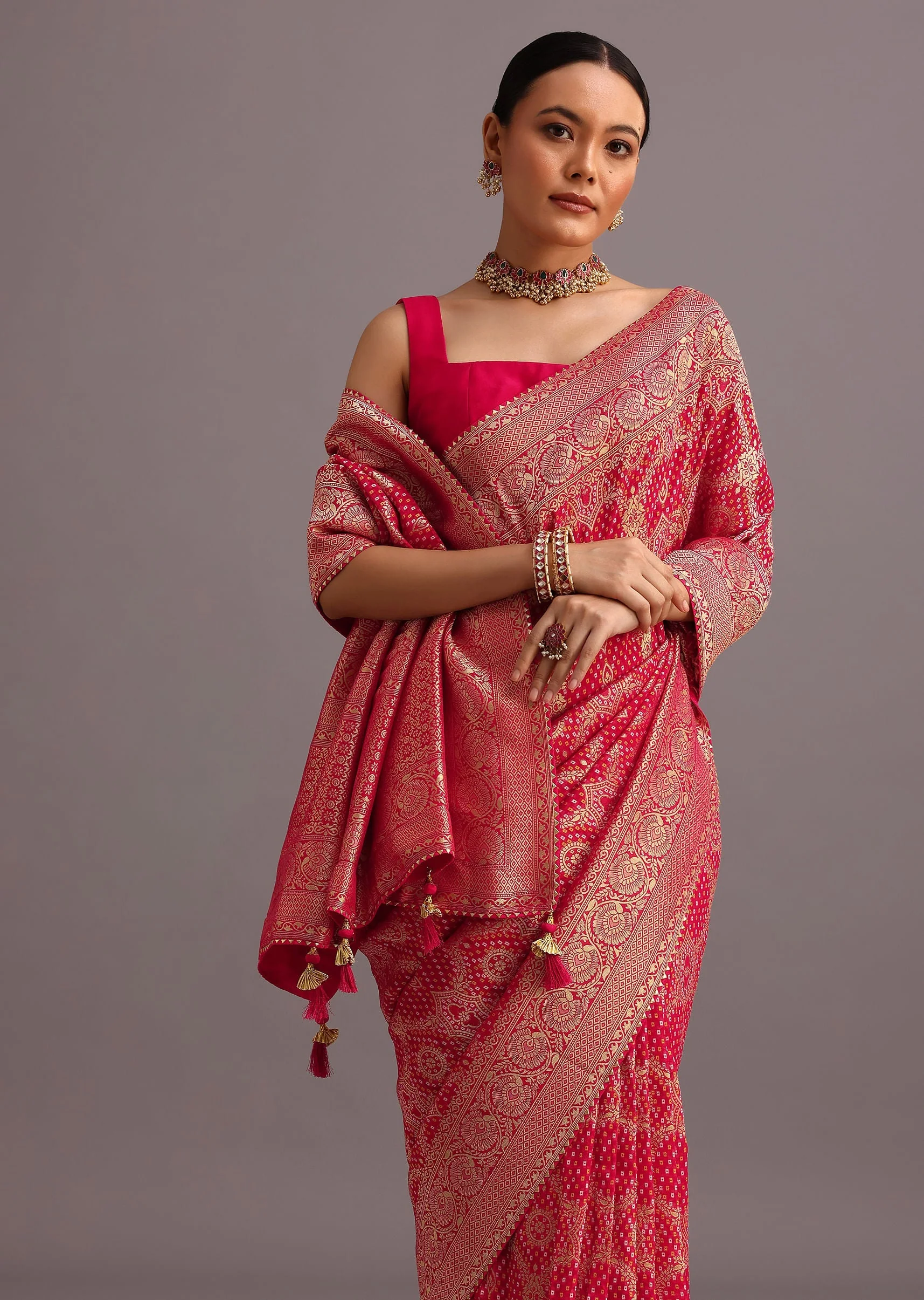 Pink Khaddi Georgette Woven Saree With Gotta Patti Border - Image 2