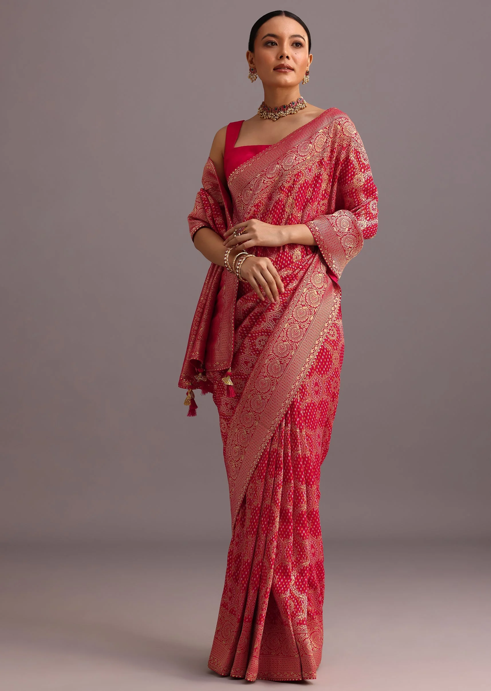 Pink Khaddi Georgette Woven Saree With Gotta Patti Border - Image 3