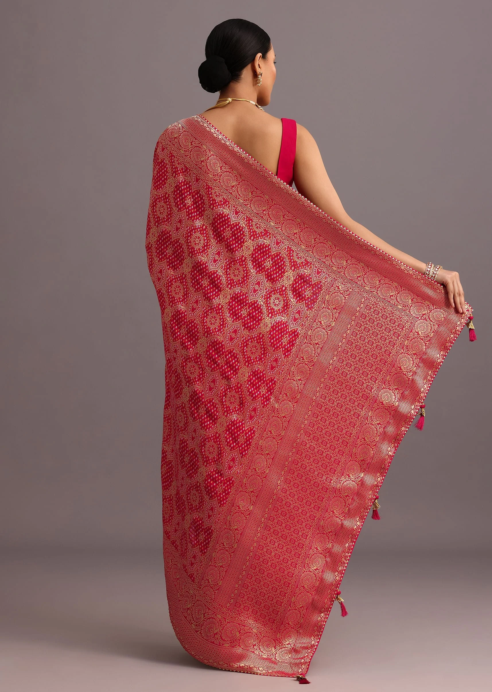 Pink Khaddi Georgette Woven Saree With Gotta Patti Border - Image 4