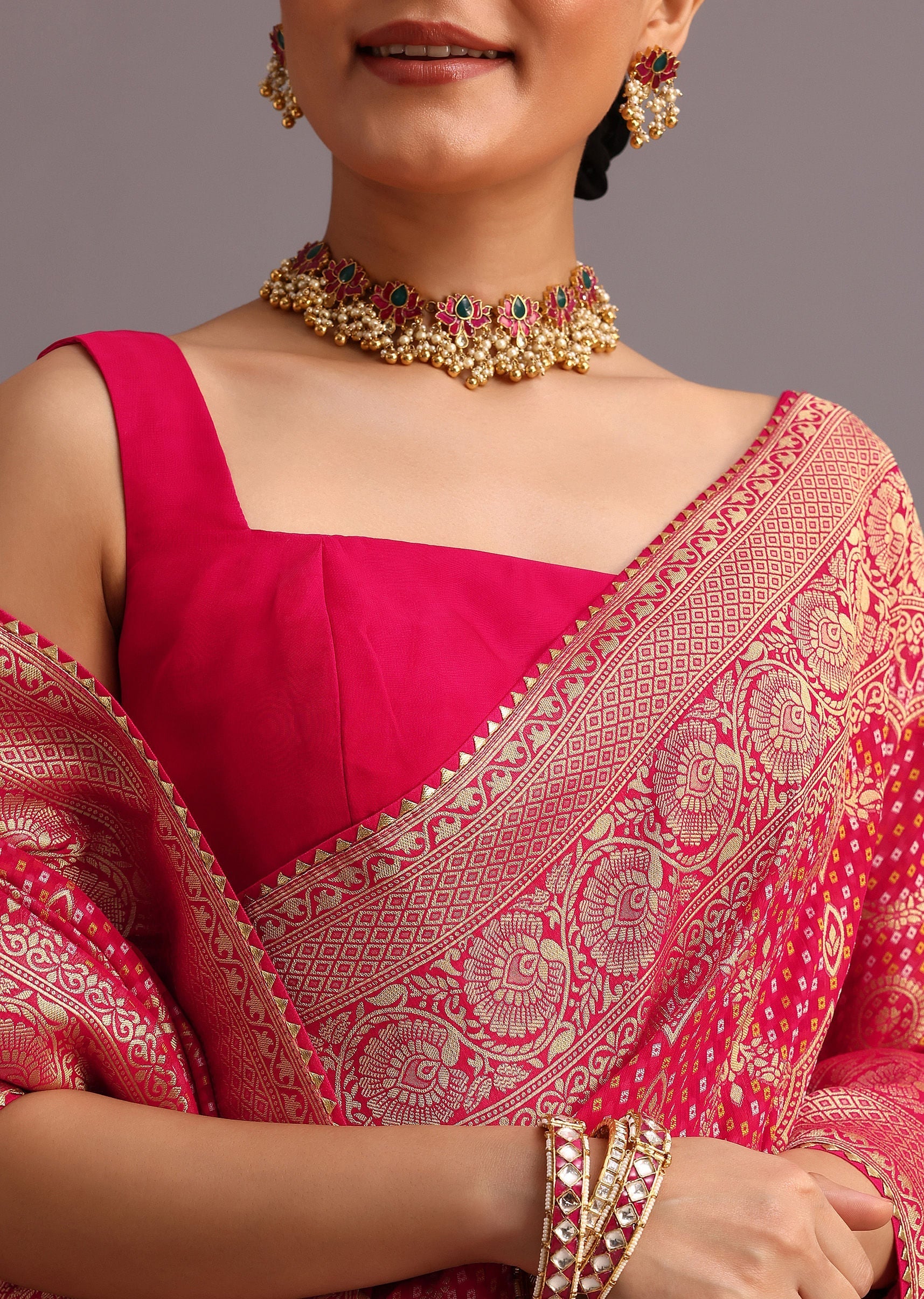 Pink Khaddi Georgette Woven Saree With Gotta Patti Border - Image 5