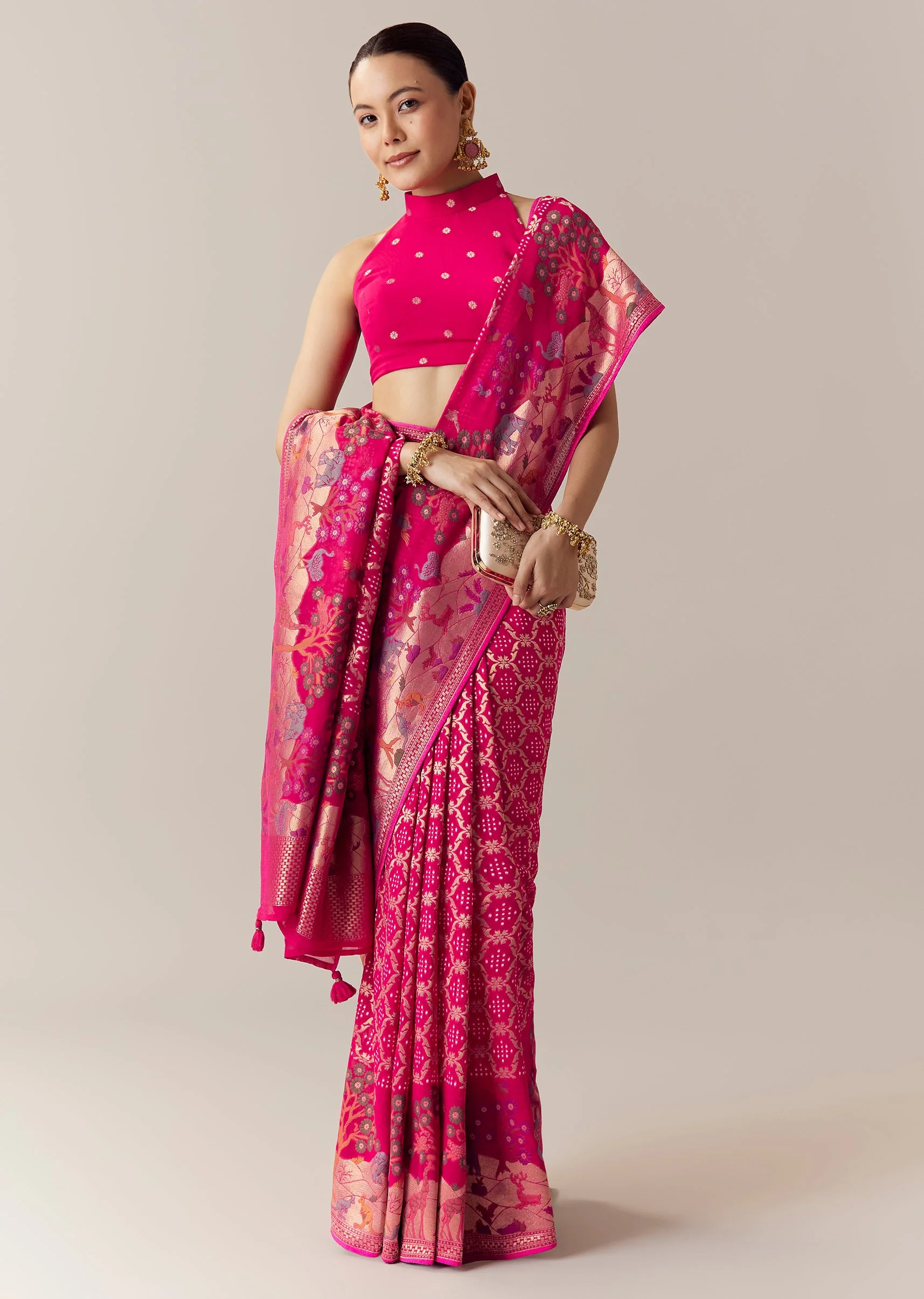Pink Khadi Georgette Bandhani Saree with Unstitched Blouse