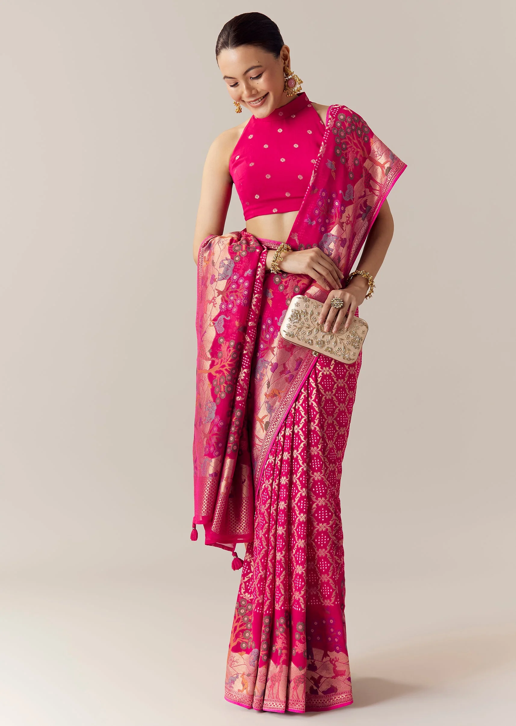 Pink Khadi Georgette Bandhani Saree with Unstitched Blouse - Image 3