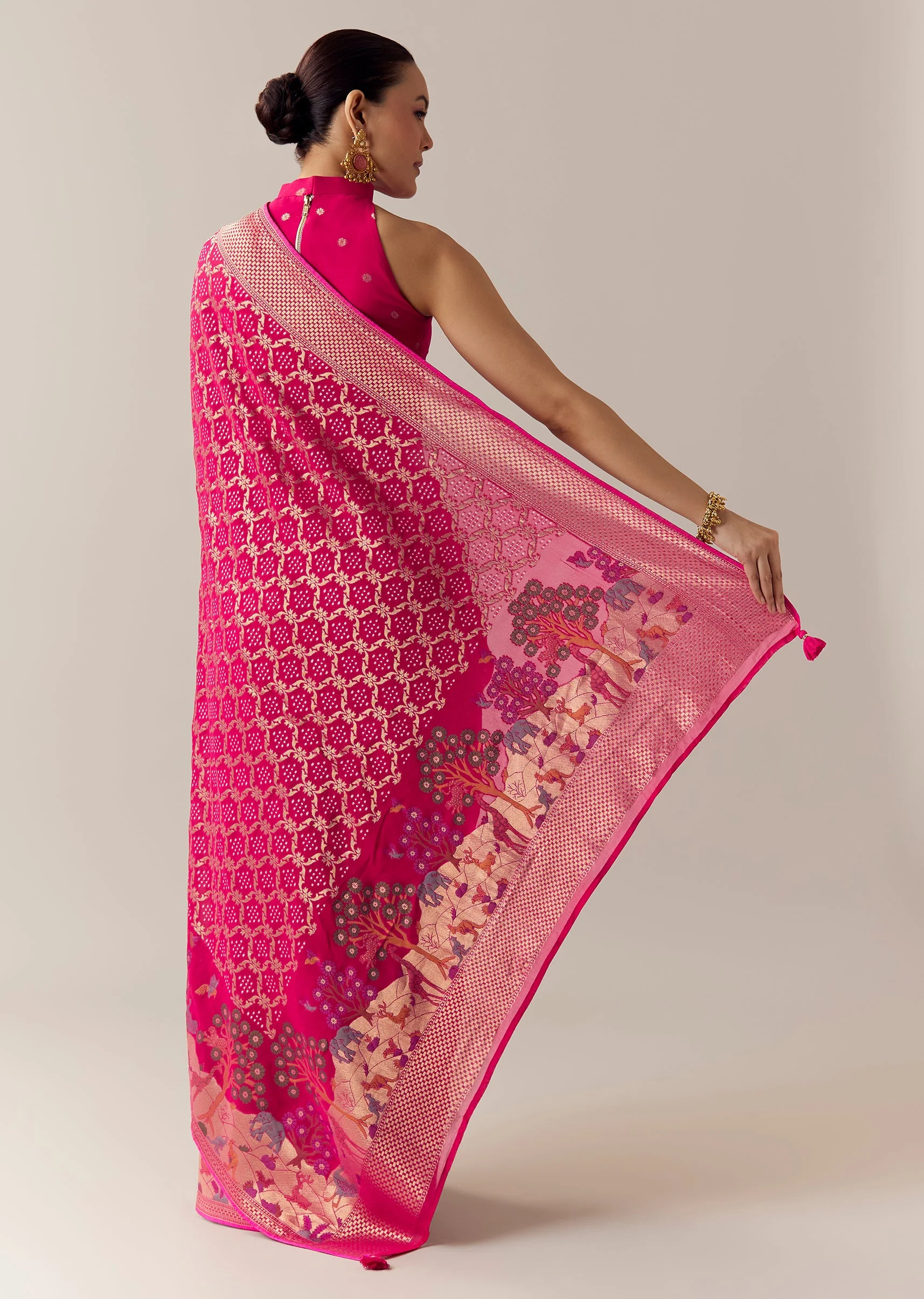 Pink Khadi Georgette Bandhani Saree with Unstitched Blouse - Image 4