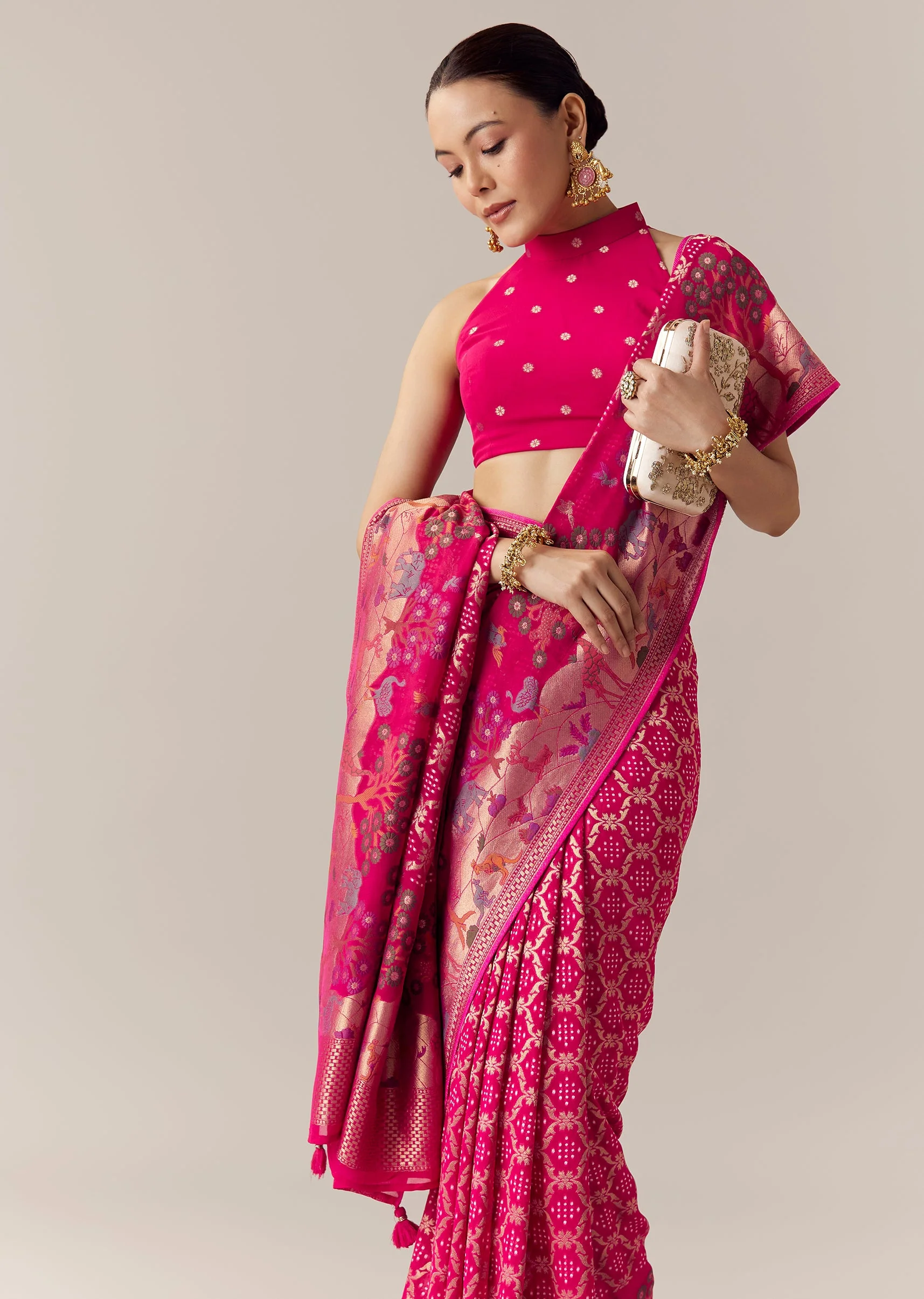Pink Khadi Georgette Bandhani Saree with Unstitched Blouse - Image 5