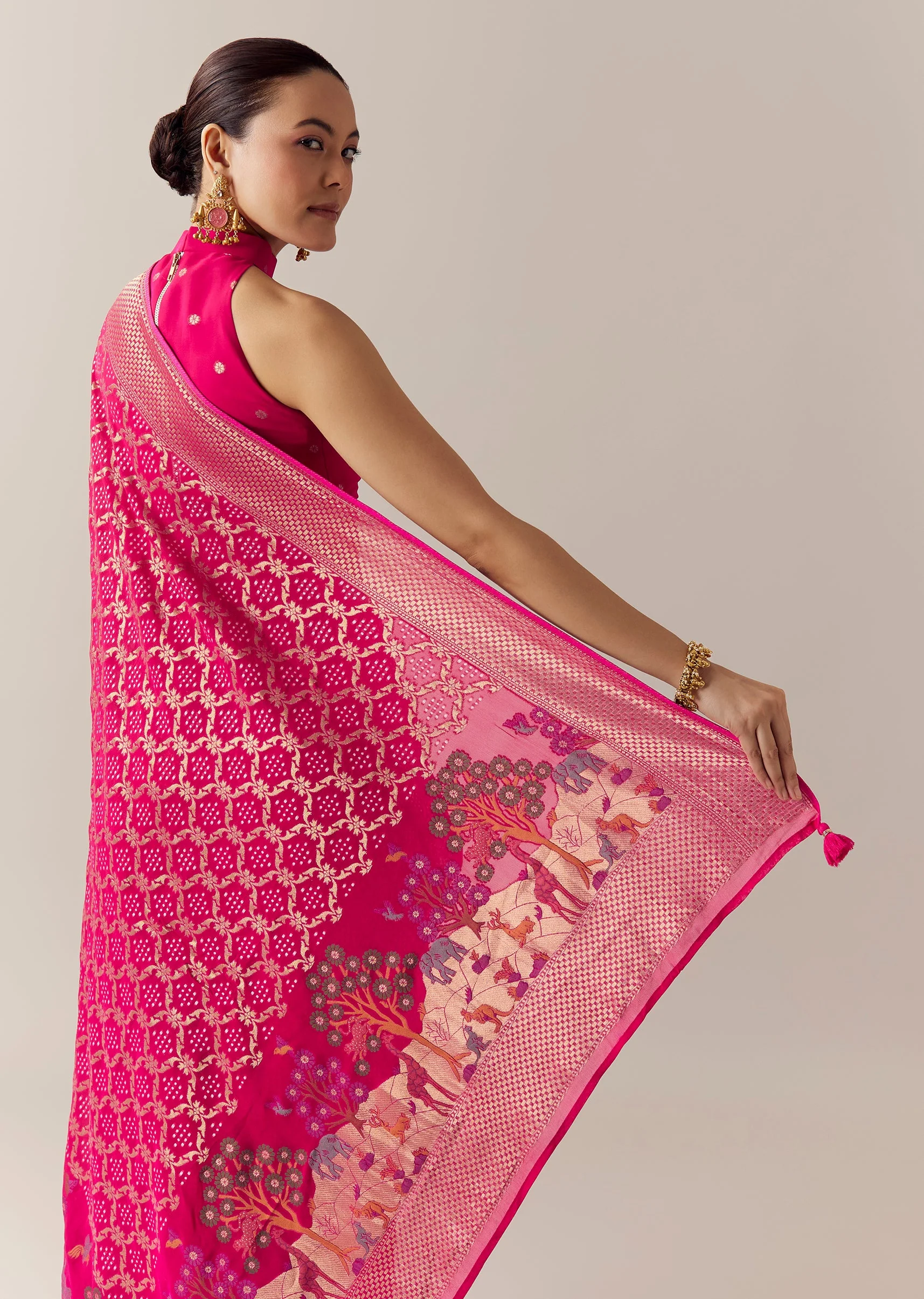 Pink Khadi Georgette Bandhani Saree with Unstitched Blouse - Image 6