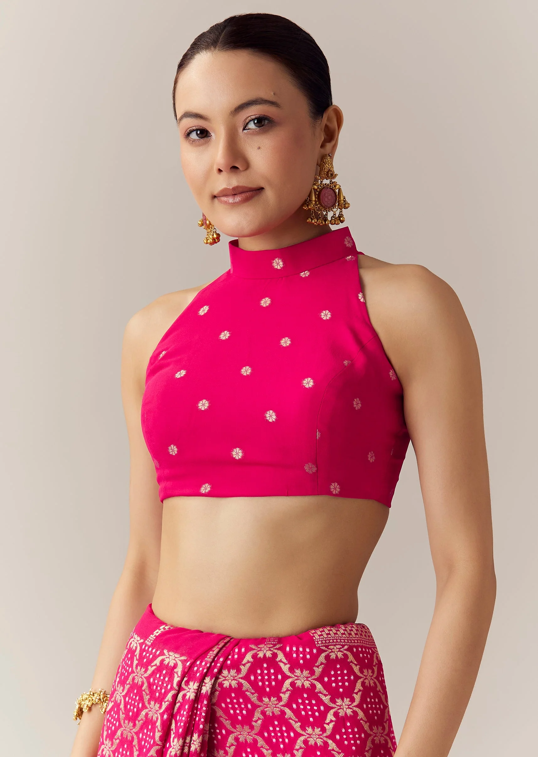 Pink Khadi Georgette Bandhani Saree with Unstitched Blouse - Image 7