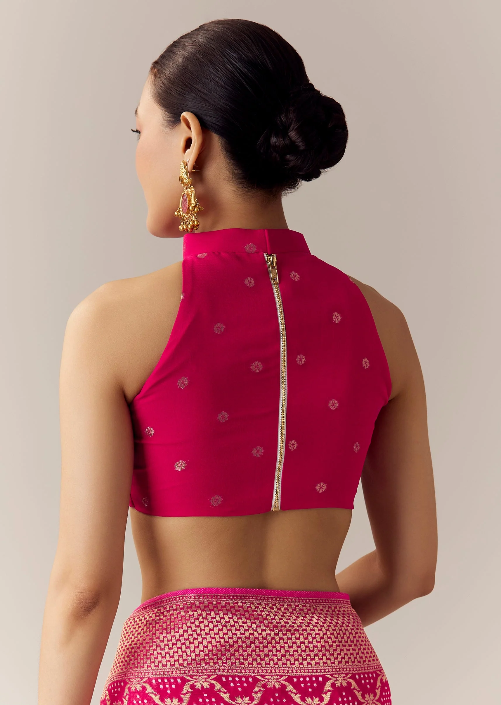Pink Khadi Georgette Bandhani Saree with Unstitched Blouse - Image 8