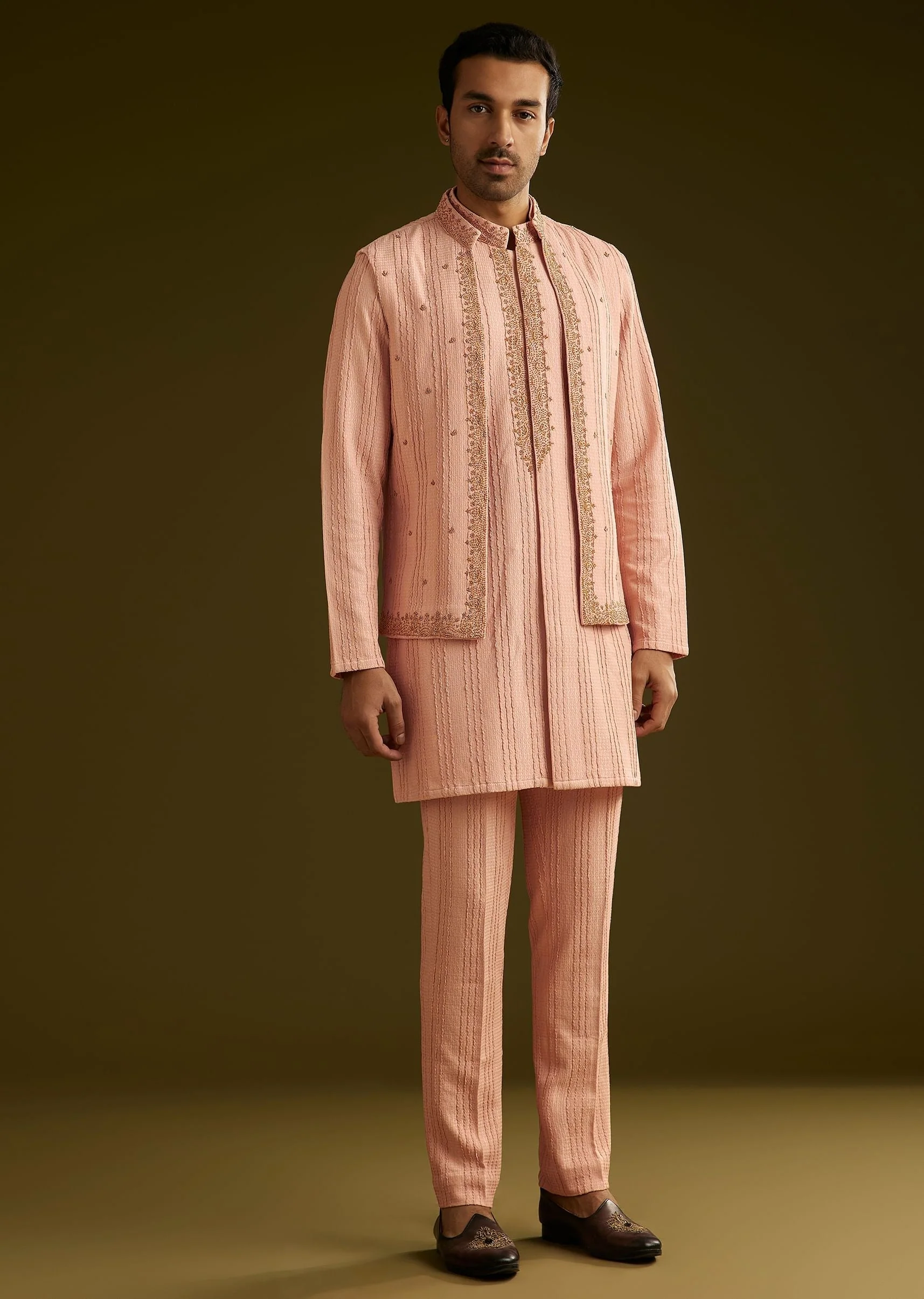 Pink Knit Kurta Jacket Set With Moti Work