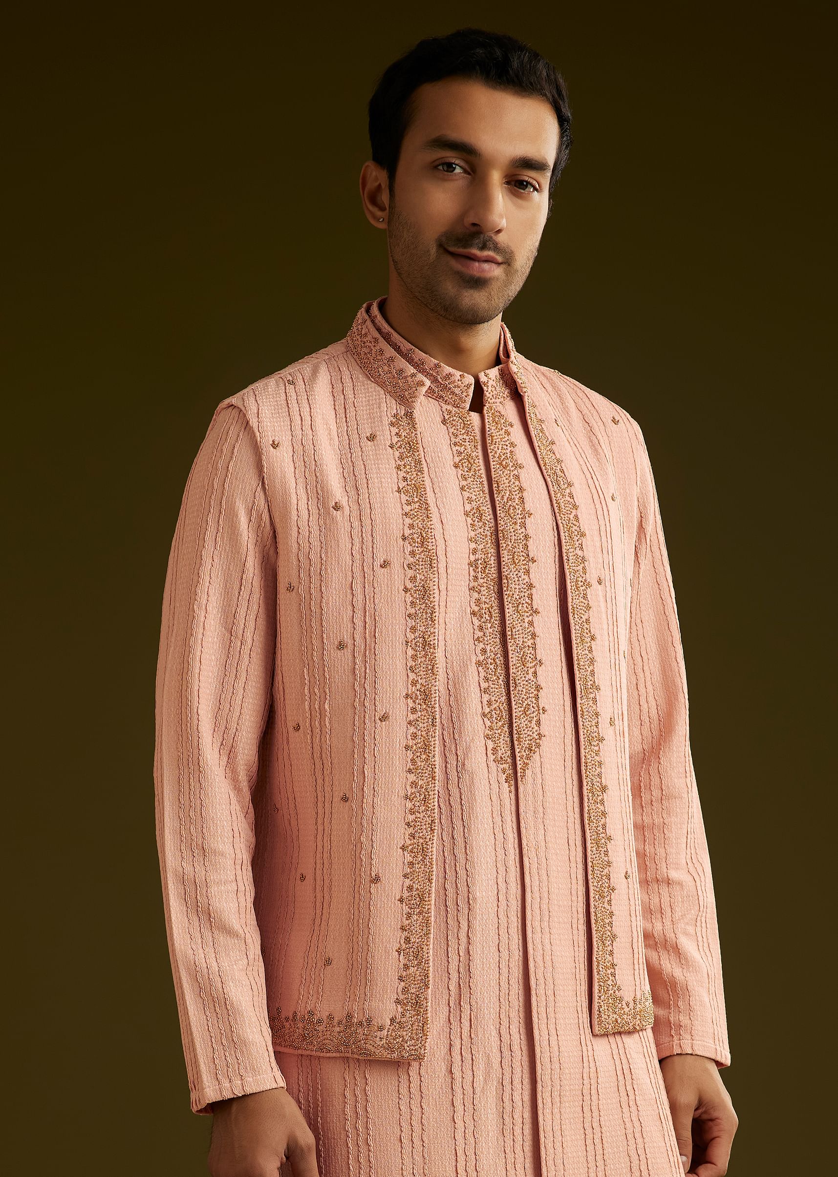 Pink Knit Kurta Jacket Set With Moti Work - Image 2