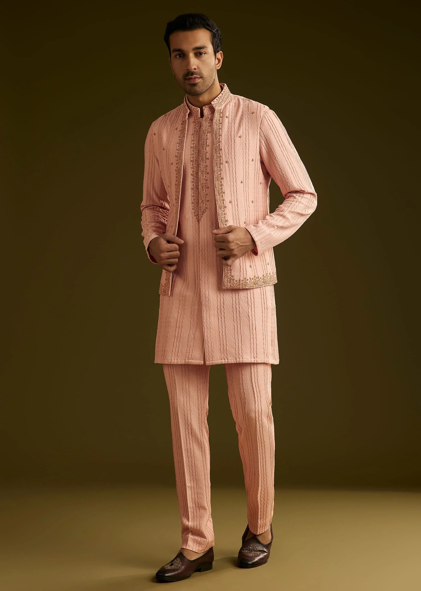 Pink Knit Kurta Jacket Set With Moti Work - Image 3