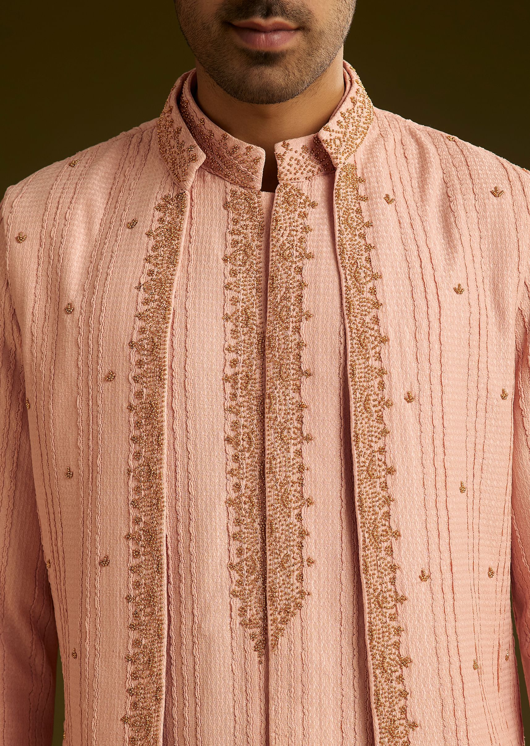 Pink Knit Kurta Jacket Set With Moti Work - Image 4