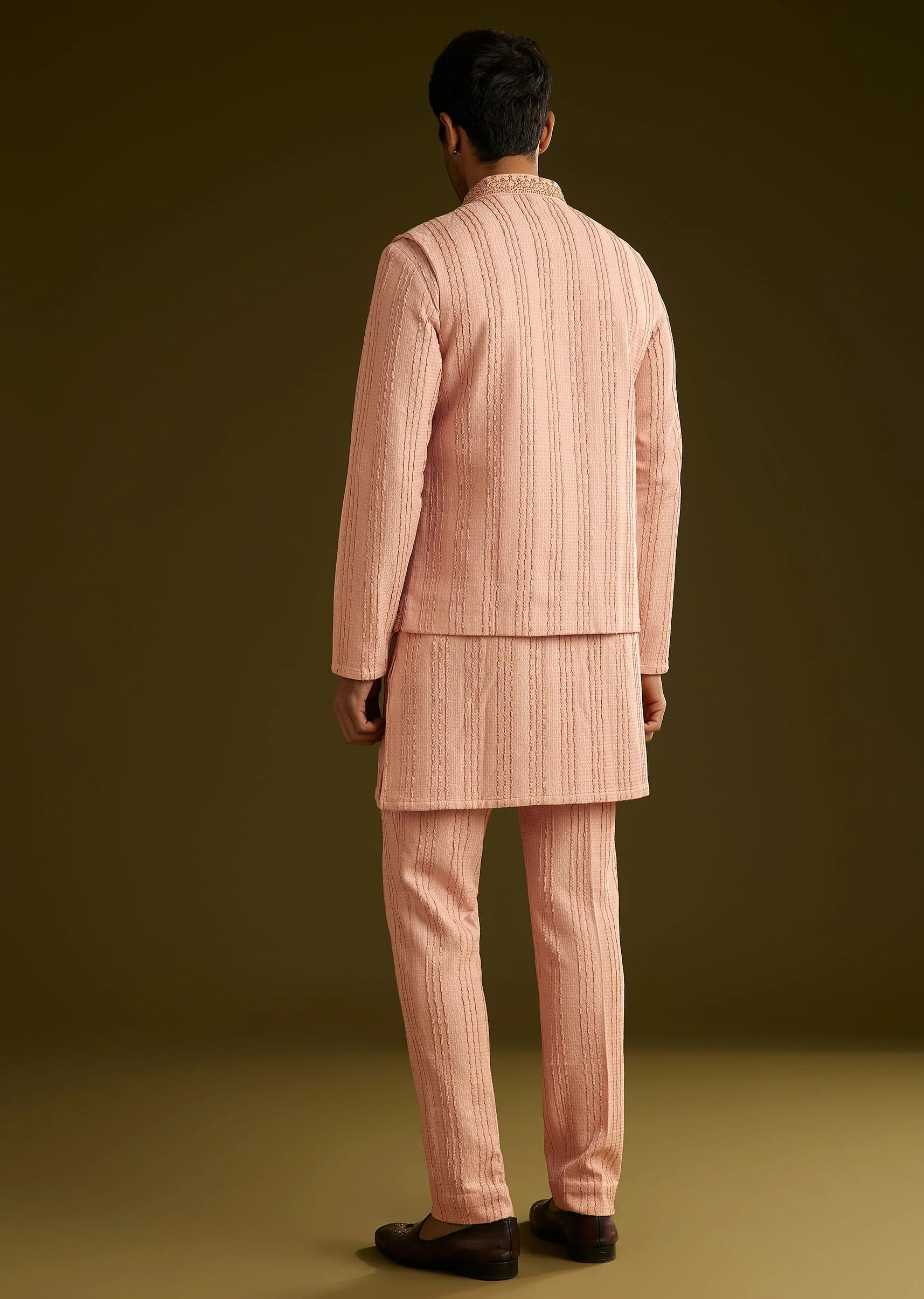 Pink Knit Kurta Jacket Set With Moti Work - Image 5