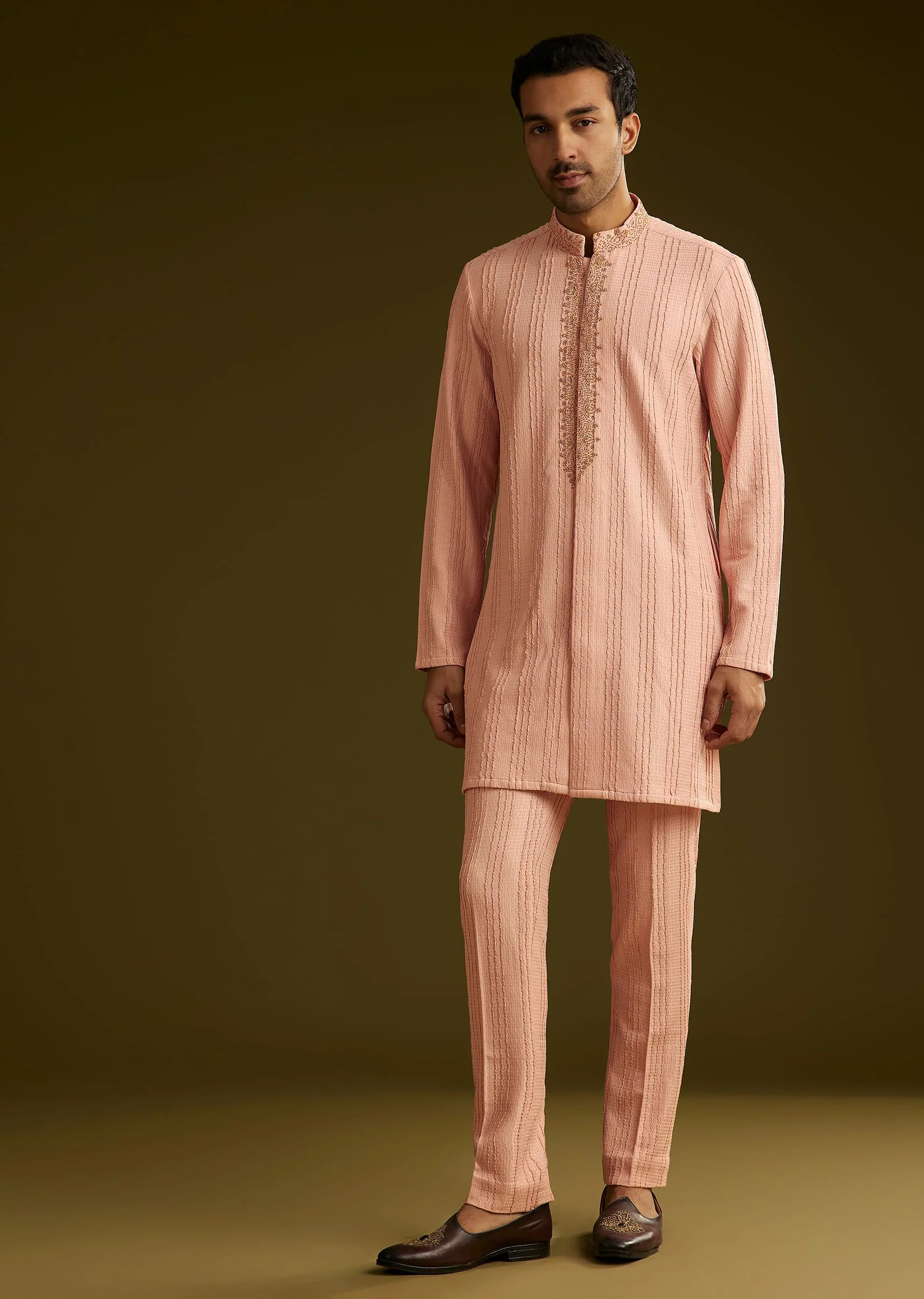 Pink Knit Kurta Jacket Set With Moti Work - Image 6