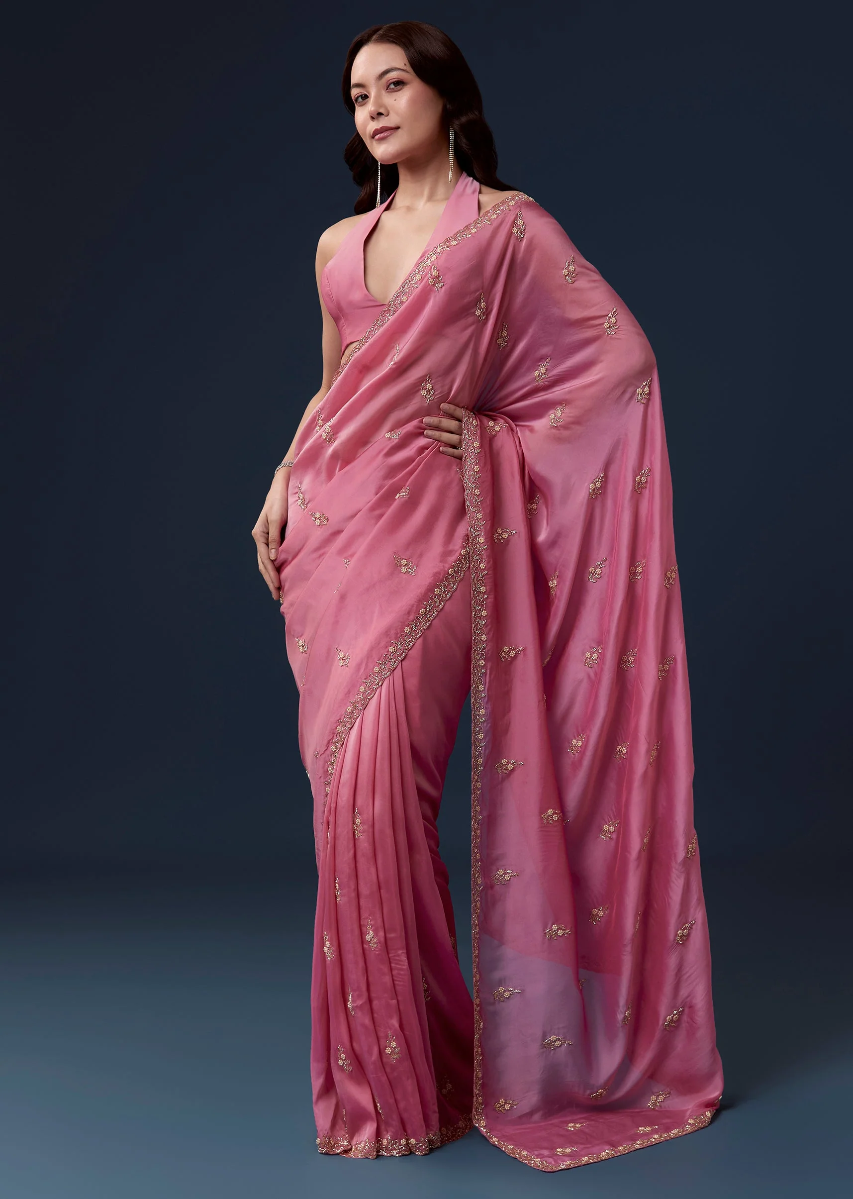 Pink Kora Silk Saree With Cutdana Beads And Stone Embroidery - Image 3