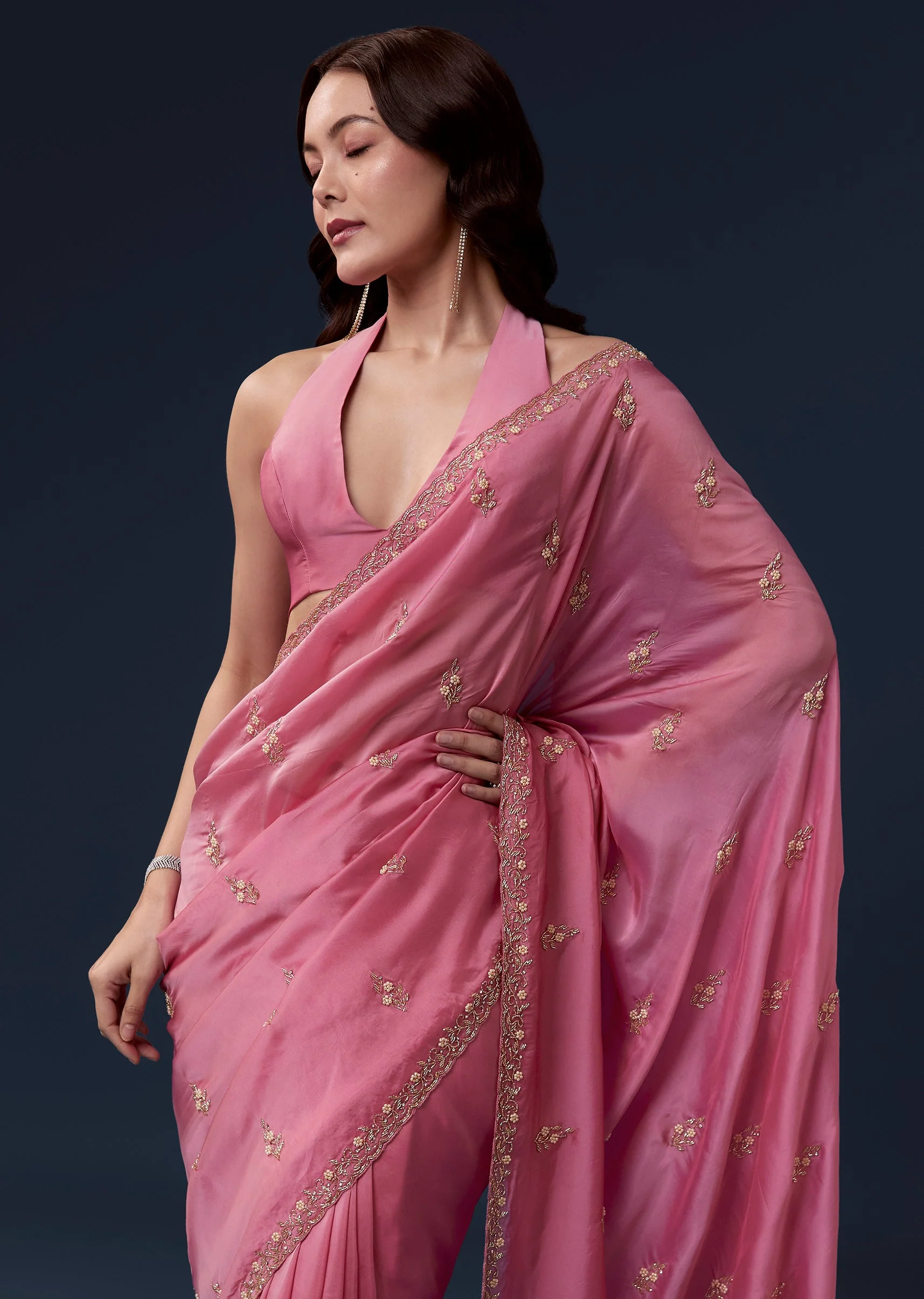 Pink Kora Silk Saree With Cutdana Beads And Stone Embroidery - Image 5