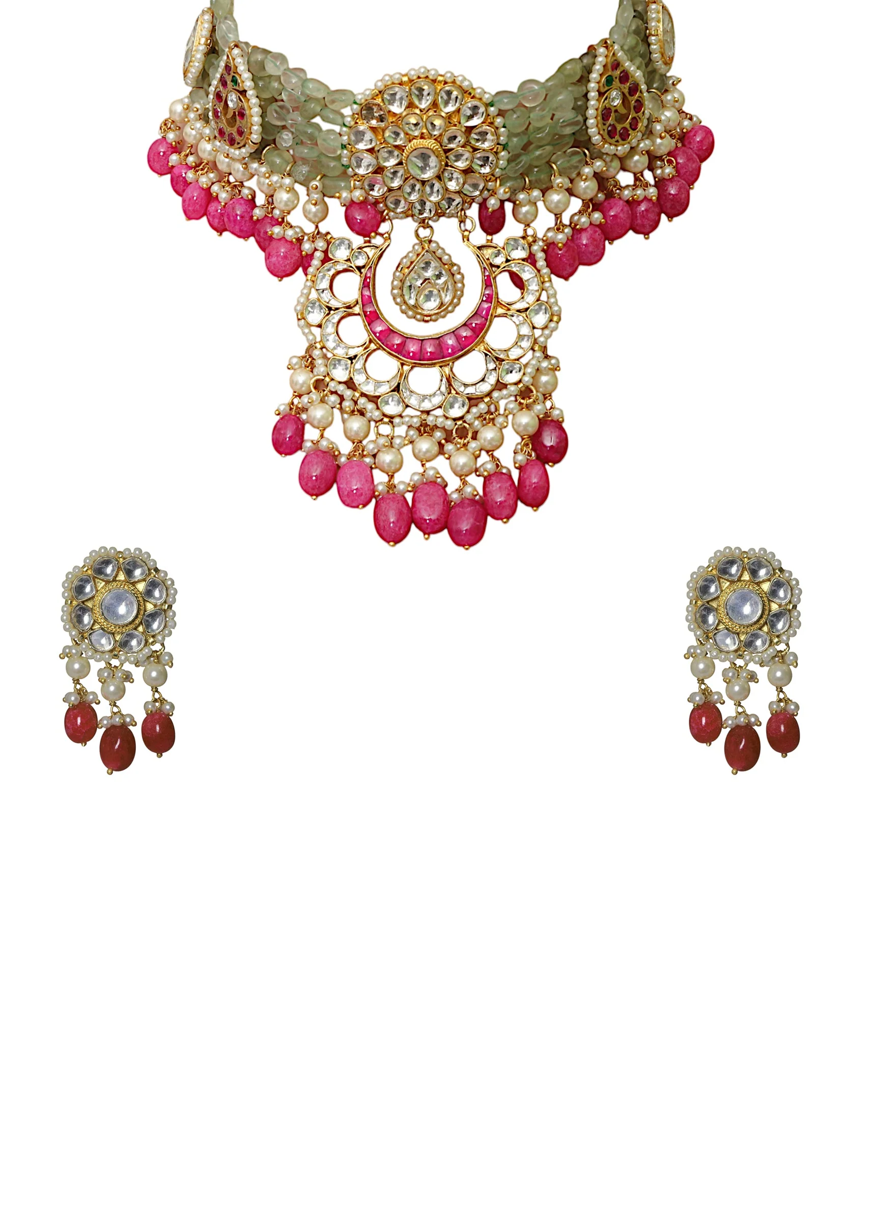 Pink Kundan Encrusted Pendant Necklace and Earring Set - Image 2