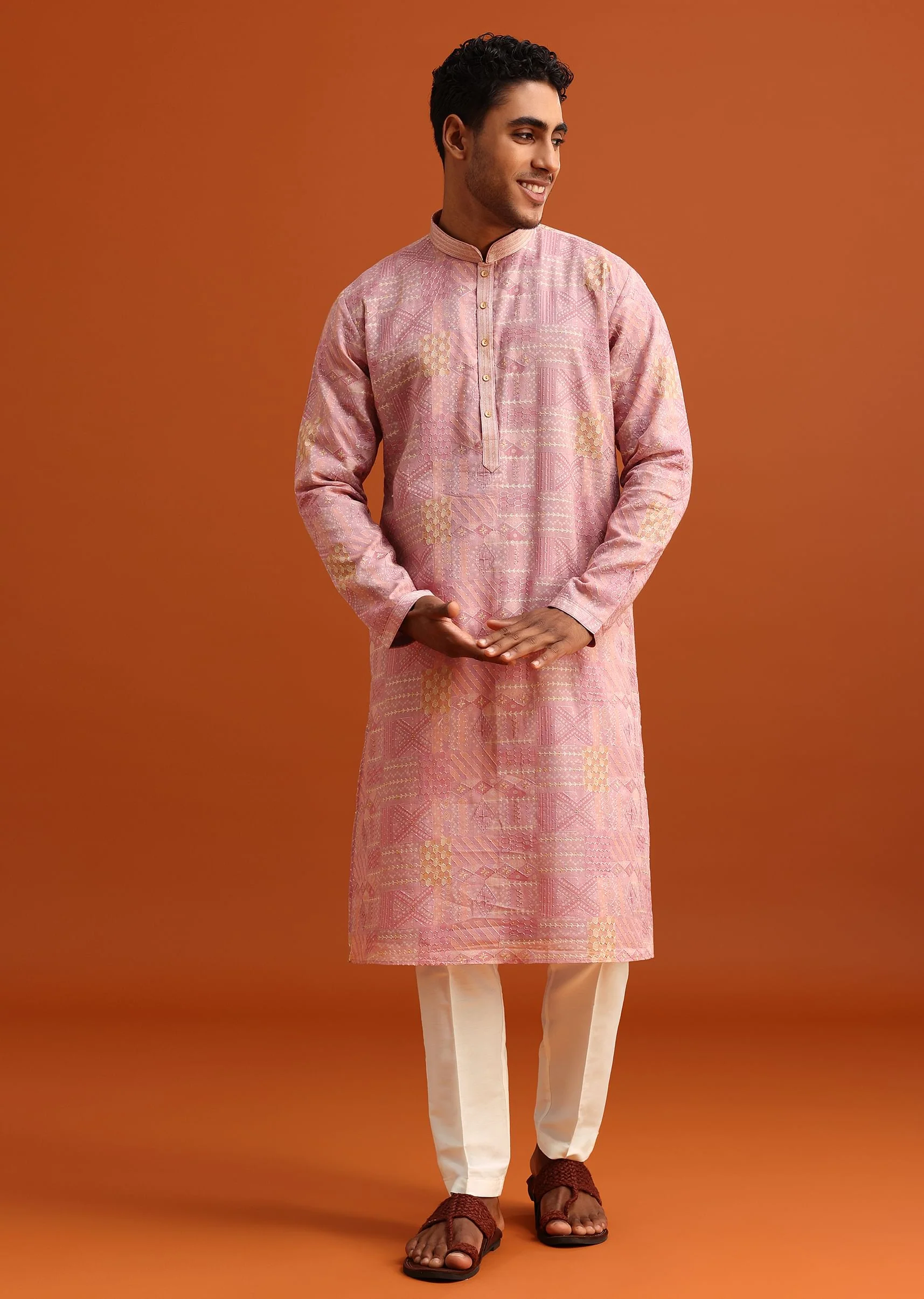 Pink Kurta And Pant Set In Silk With Printed Work - Image 2