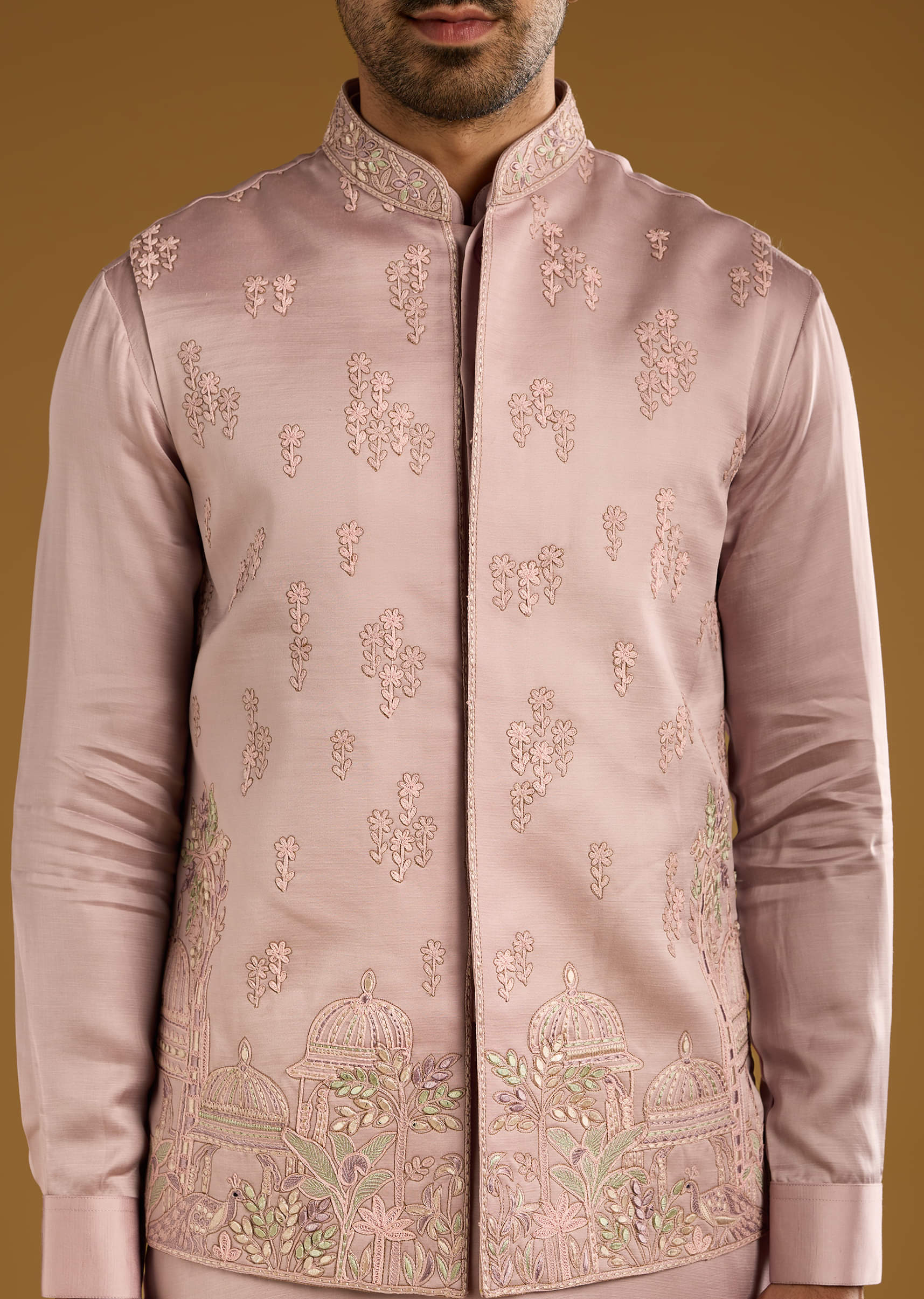 Pink Kurta Jacket Set For Men With Thread Work - Image 2