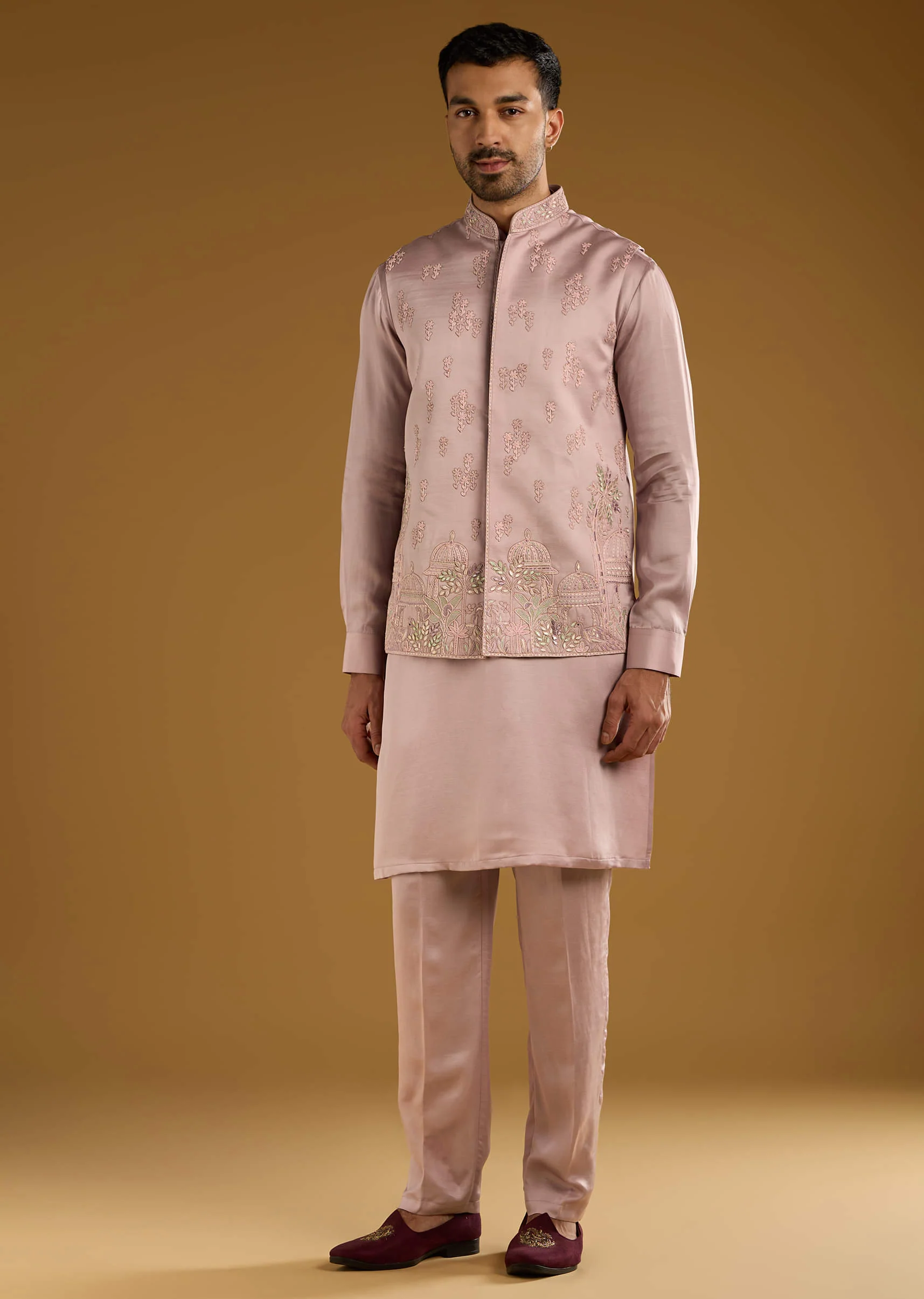 Pink Kurta Jacket Set For Men With Thread Work - Image 3