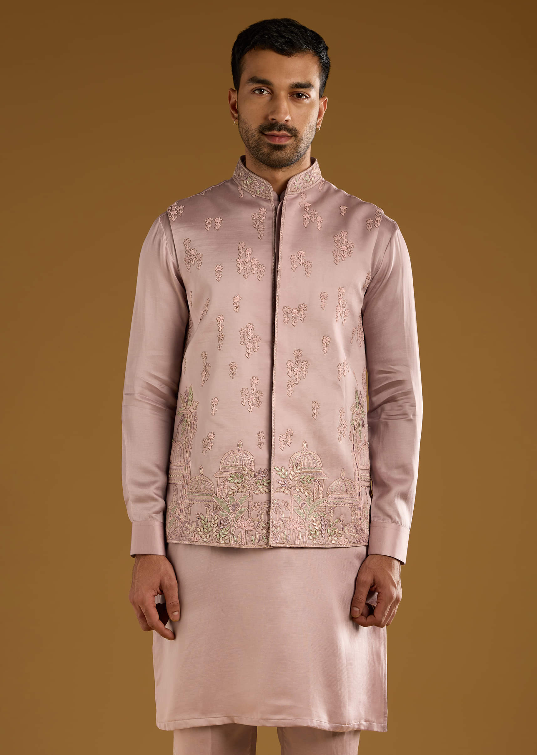 Pink Kurta Jacket Set For Men With Thread Work - Image 4