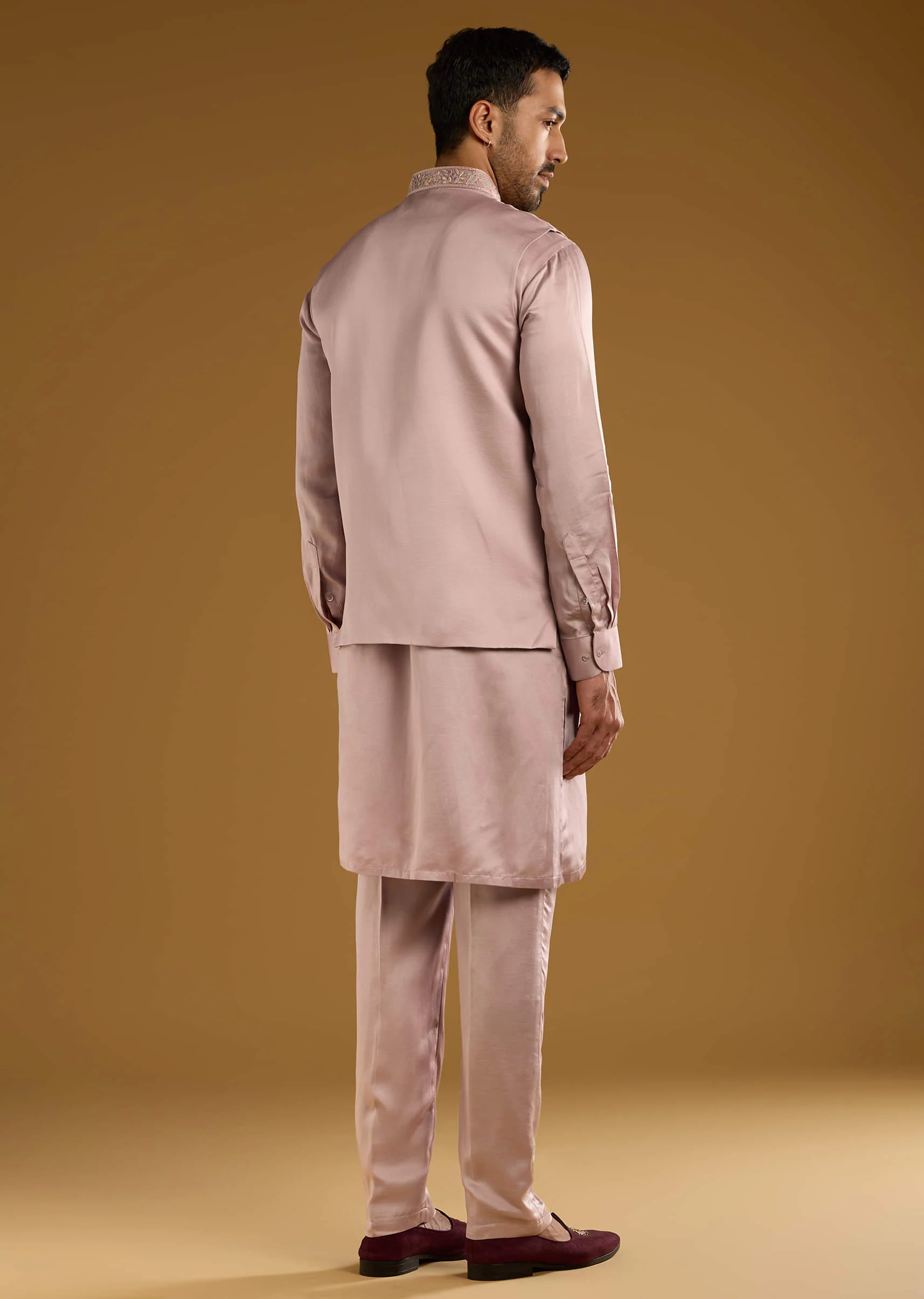 Pink Kurta Jacket Set For Men With Thread Work - Image 5