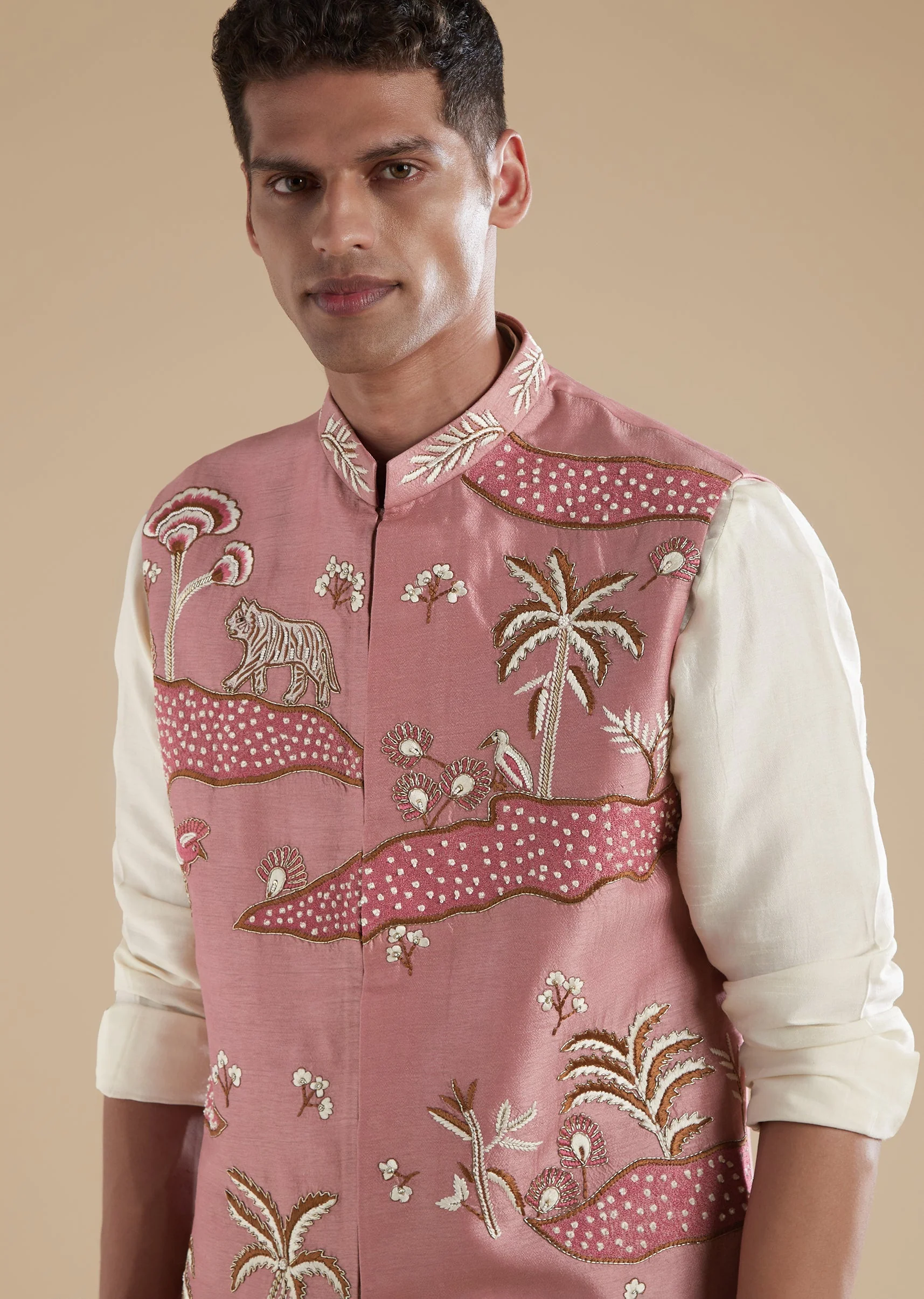Pink Kurta Jacket Set With Thread Resham French Knot Moti And Cut Dana Detail - Image 2