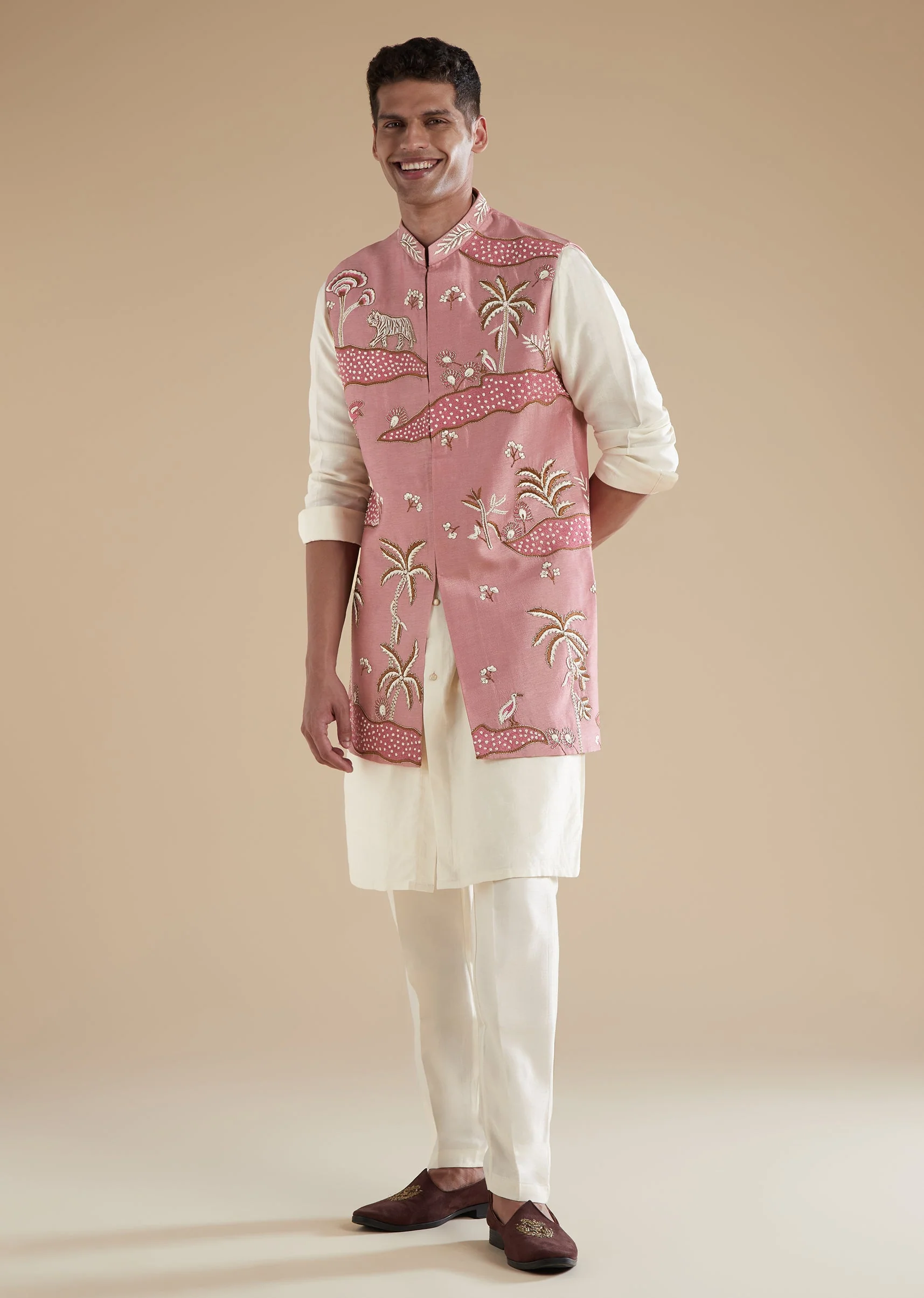 Pink Kurta Jacket Set With Thread Resham French Knot Moti And Cut Dana Detail - Image 3