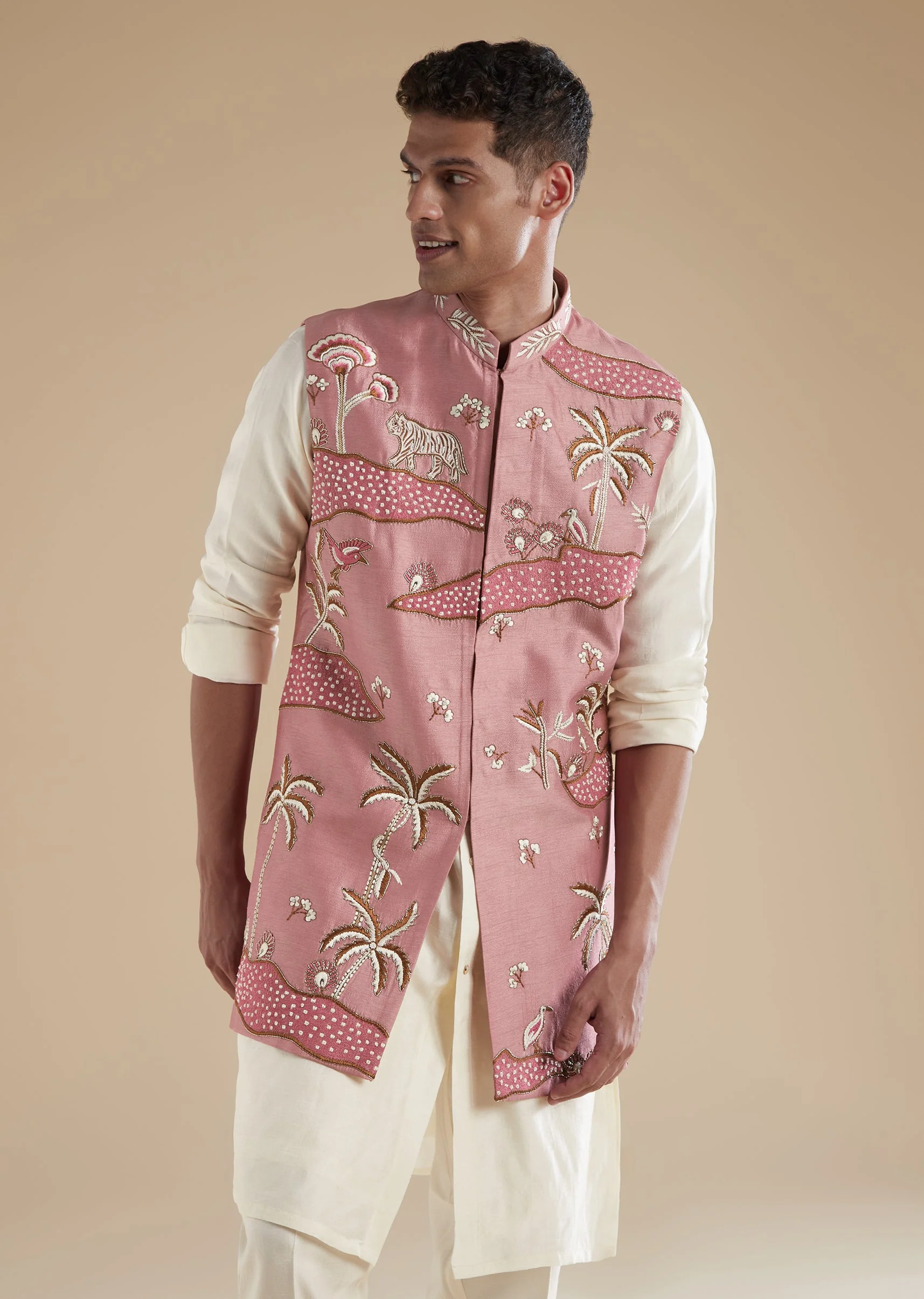 Pink Kurta Jacket Set With Thread Resham French Knot Moti And Cut Dana Detail - Image 4
